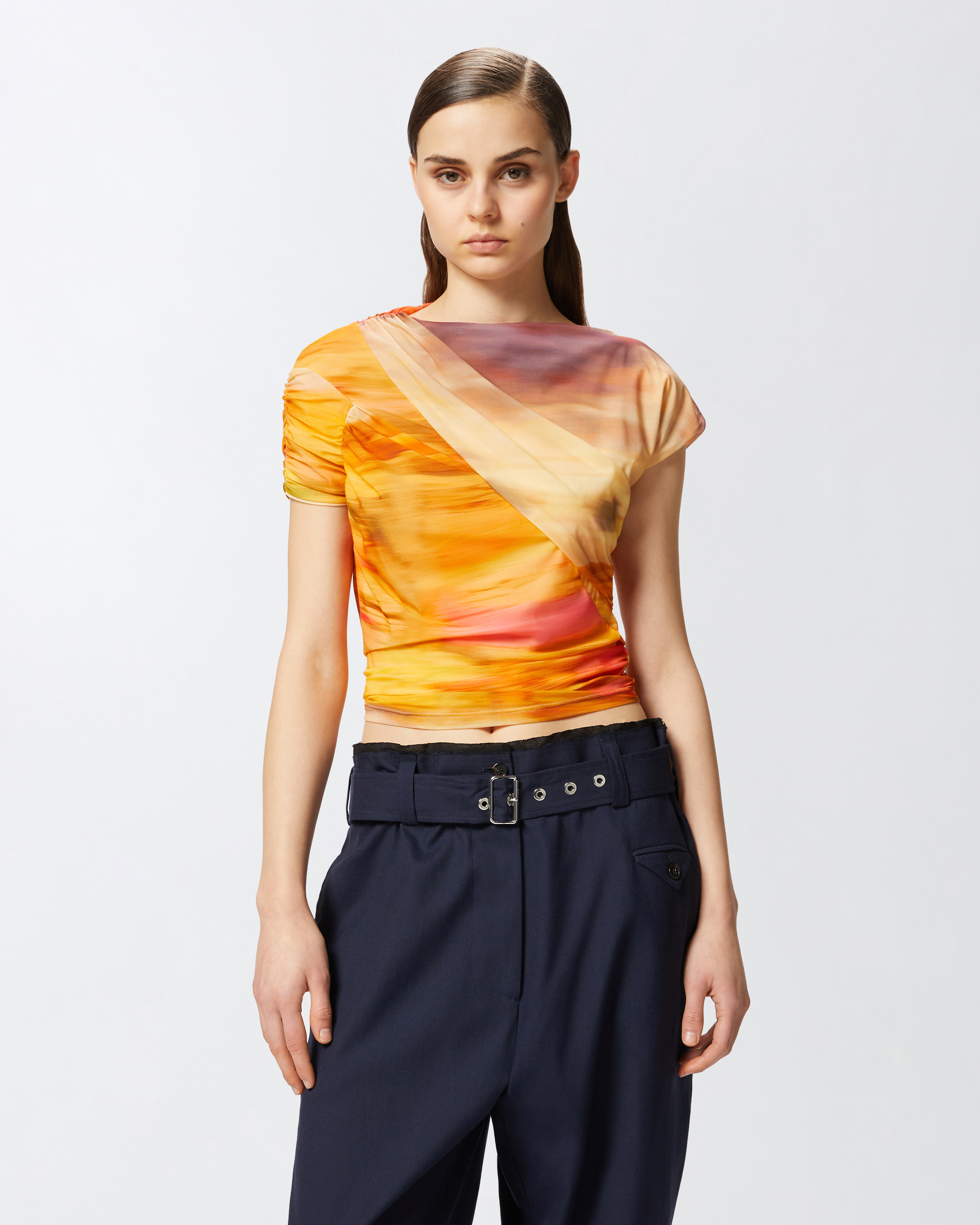 Pinko Asymmetric Crop Top With Landscape Print In Mult.beige/rosa