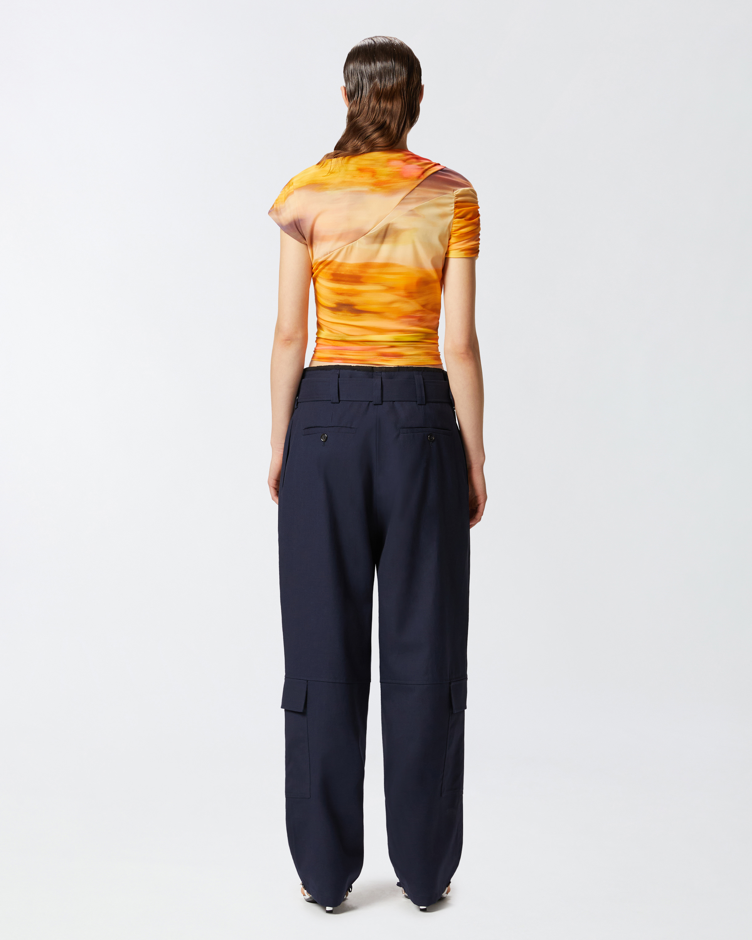 Pinko Asymmetric Crop Top With Landscape Print In Mult.beige/rosa