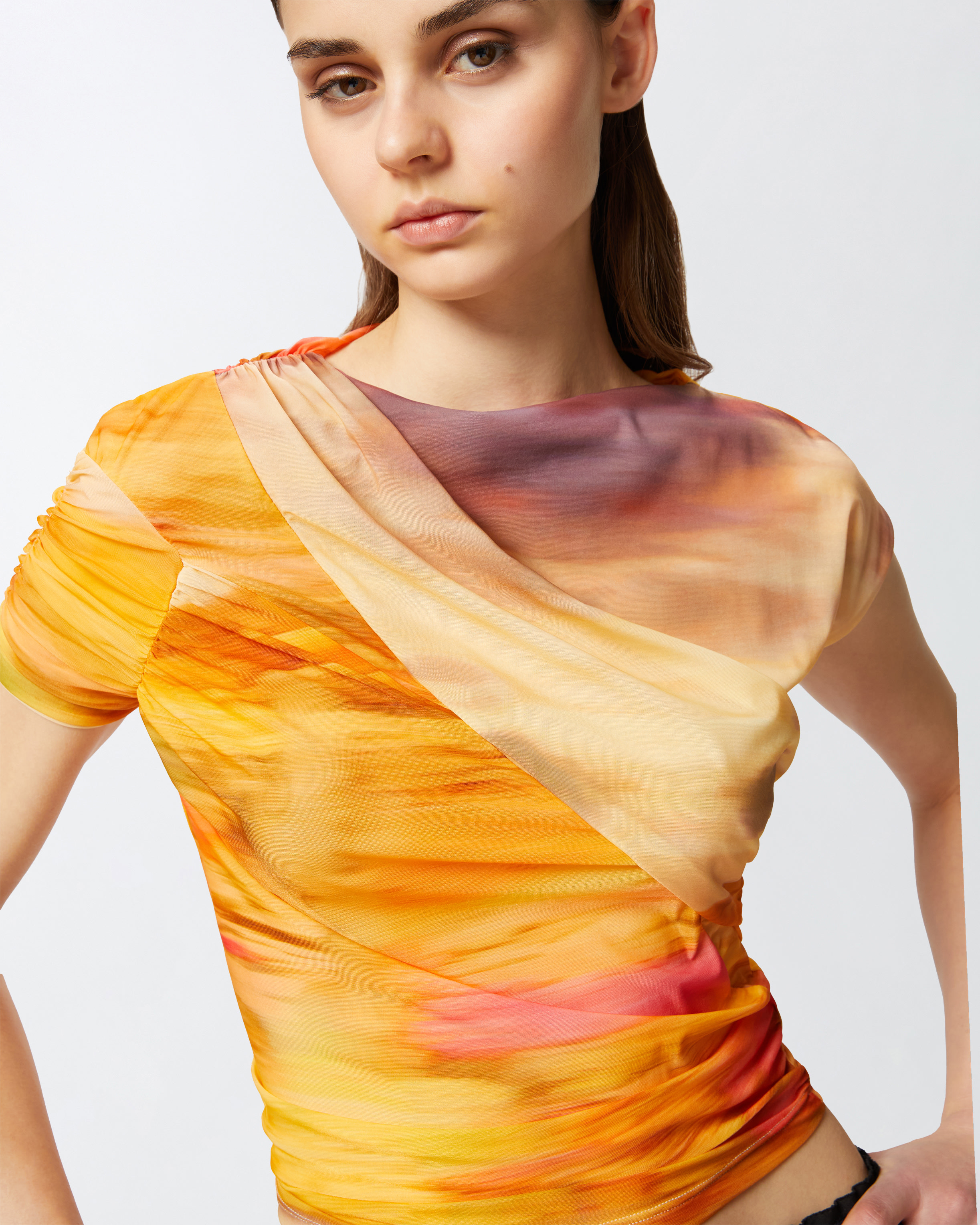 Pinko Asymmetric Crop Top With Landscape Print In Mult.beige/rosa