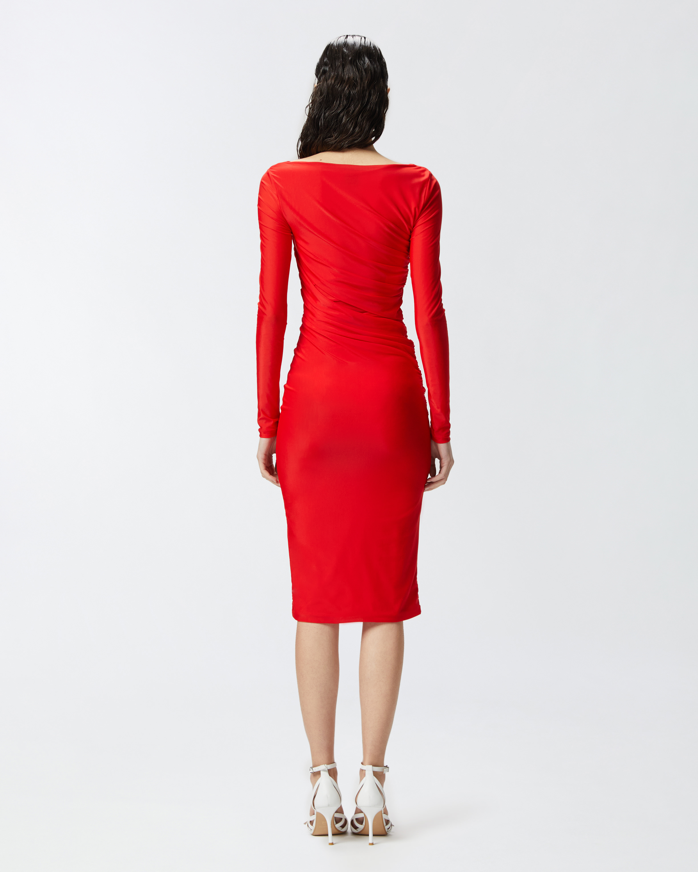 Pinko Red Long Dress With Ruffles And Boat Neckline In Formula1 Red