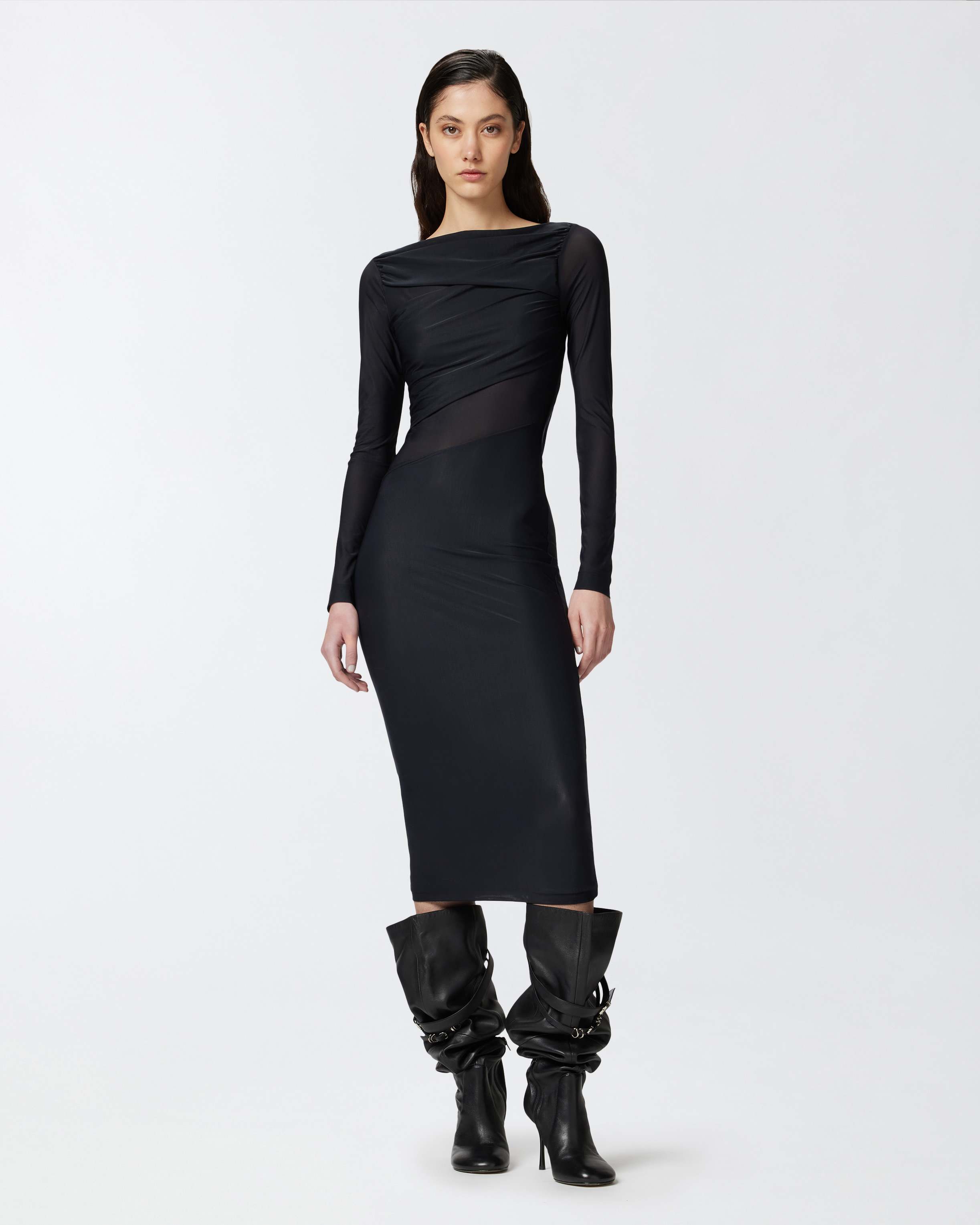 Pinko Slim-fitting Calf-length Jersey Dress In Limo Black