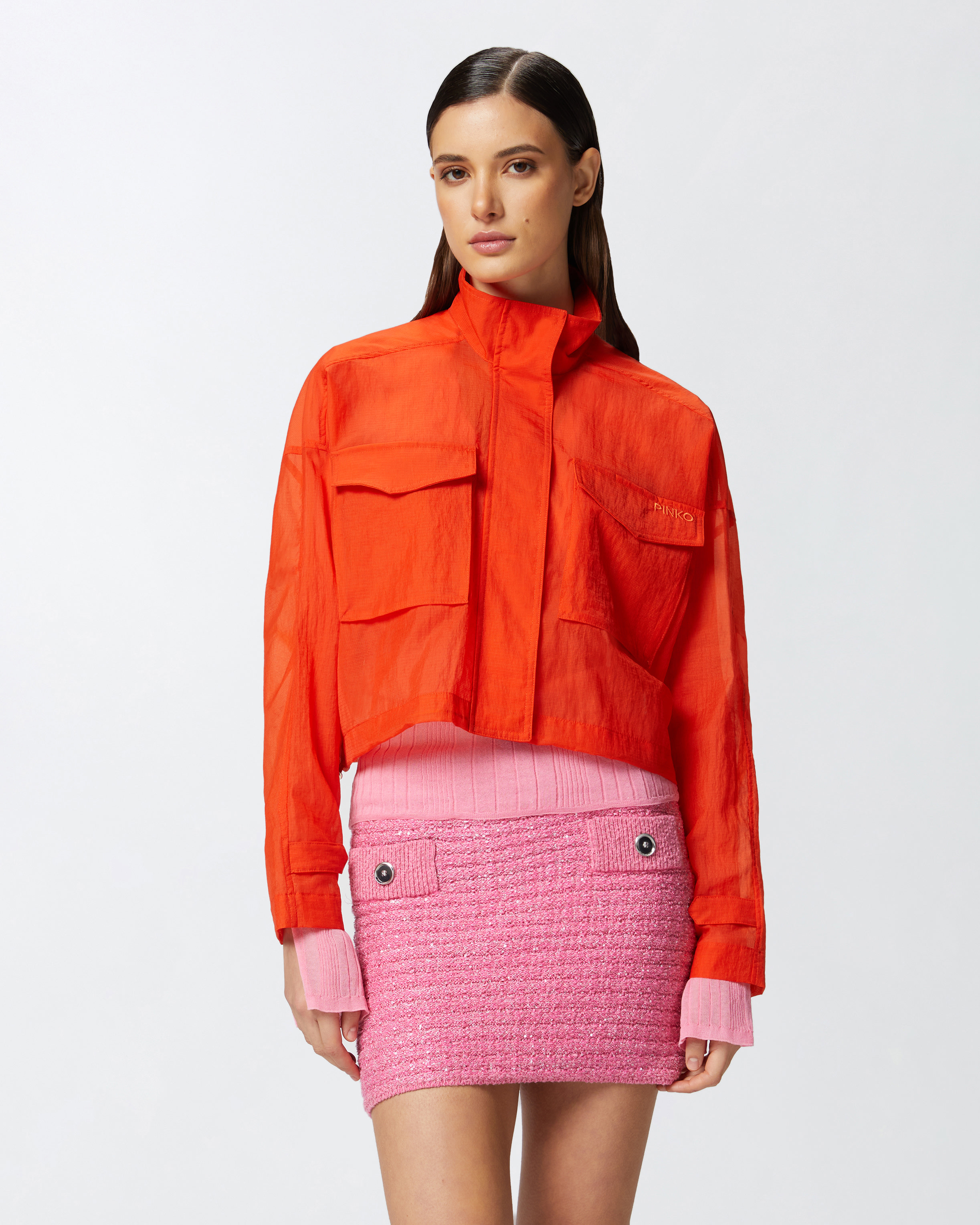 Pinko Short Jacket In Technical Organza-effect Fabric In Flame