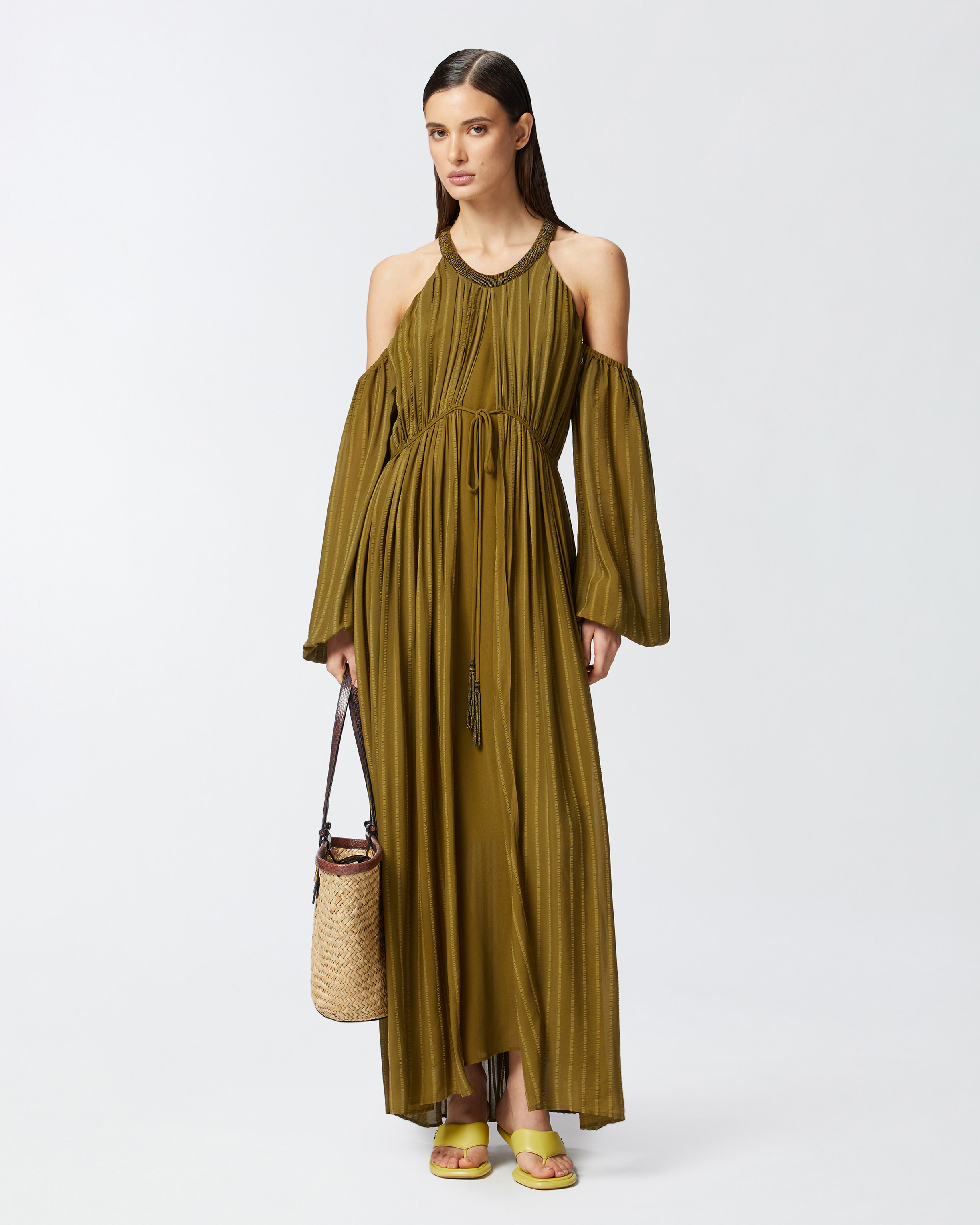Pinko Long Off-the-shoulder Dress With Beaded Embroidery In Green