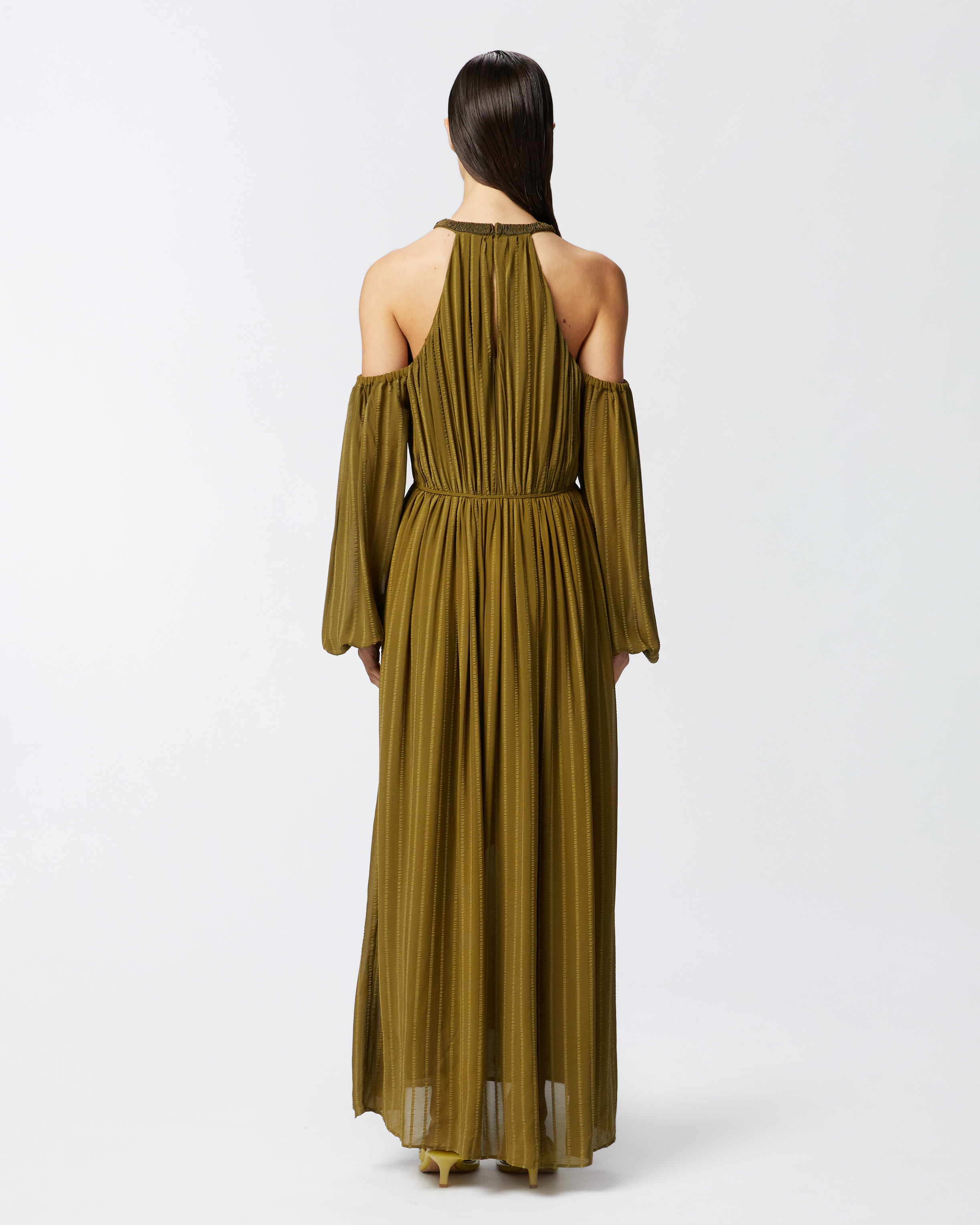 Pinko Long Off-the-shoulder Dress With Beaded Embroidery In Green
