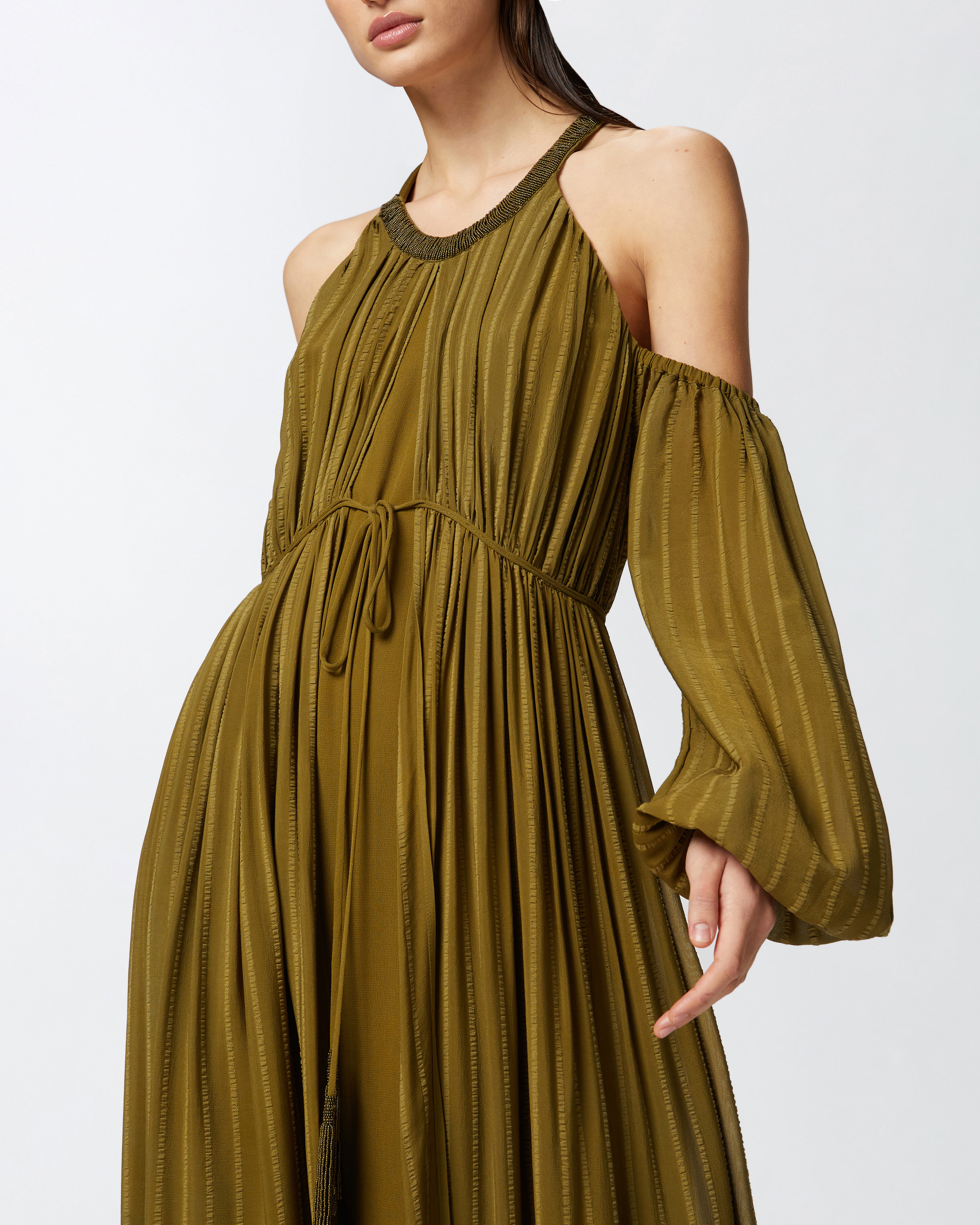 Pinko Long Off-the-shoulder Dress With Beaded Embroidery In Green