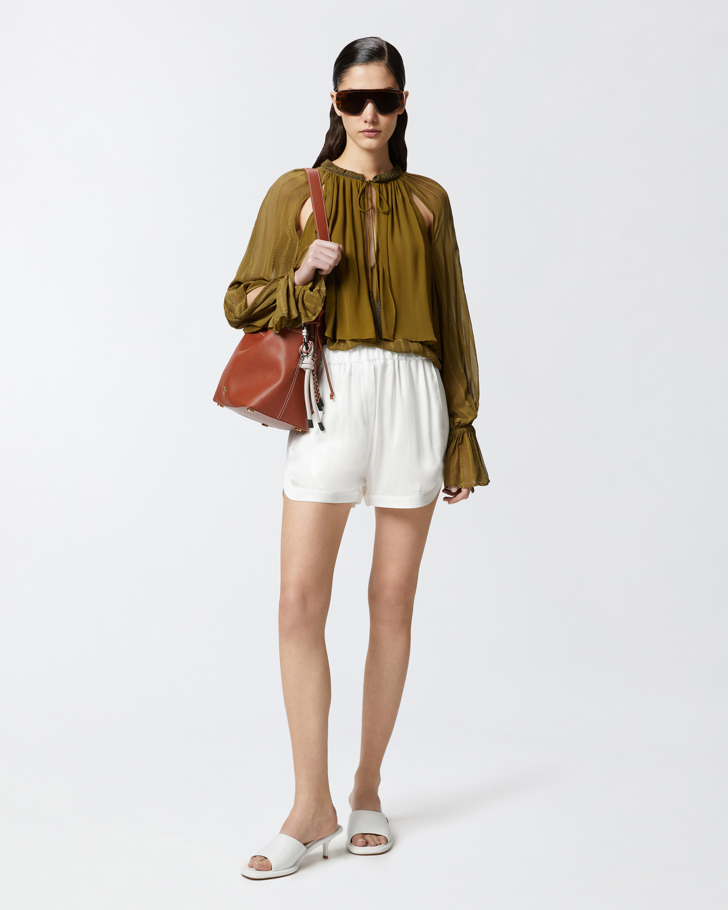 Pinko Striped Satin Blouse With Bead Embroidery In Oliva Militare