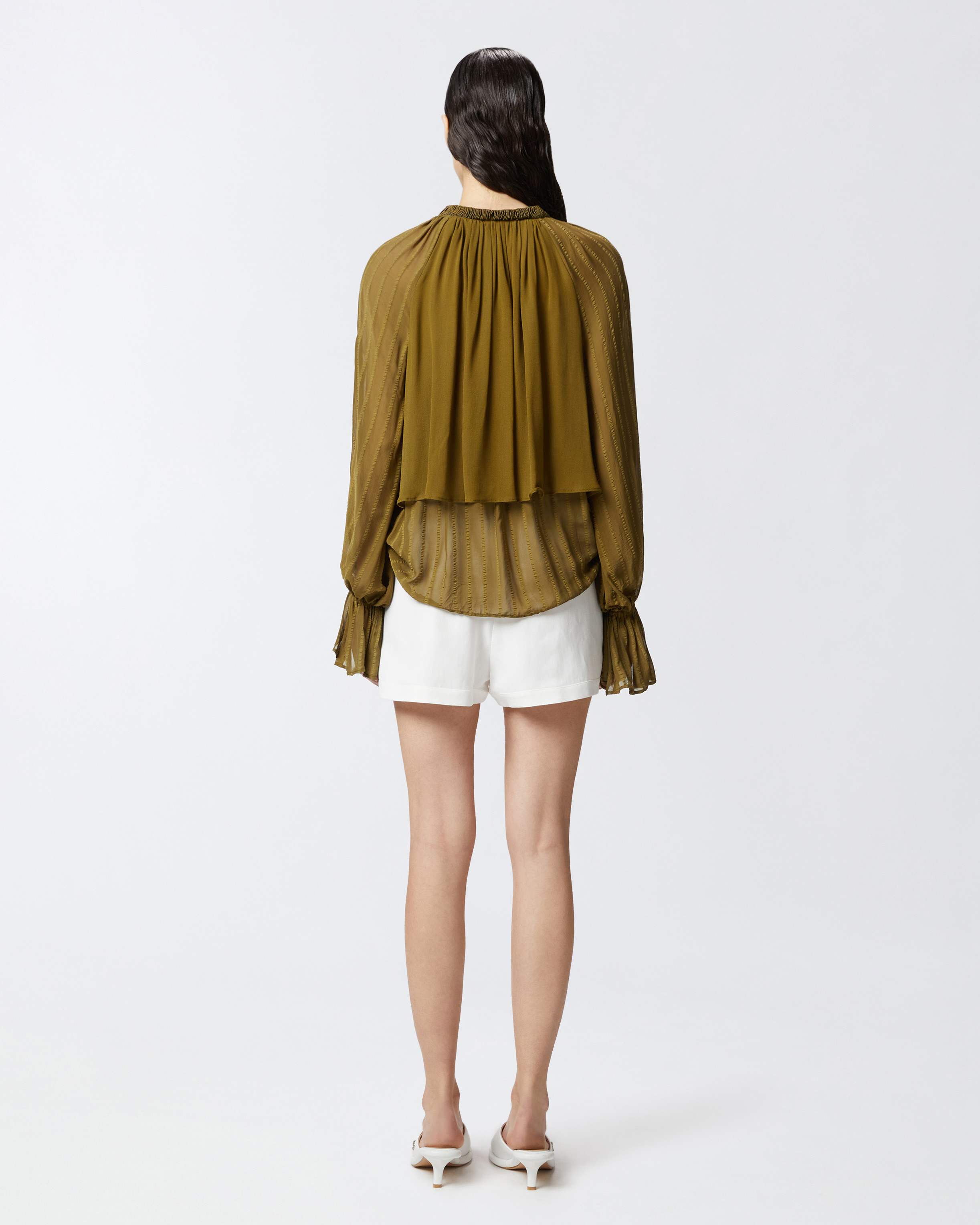 Pinko Striped Satin Blouse With Bead Embroidery In Oliva Militare