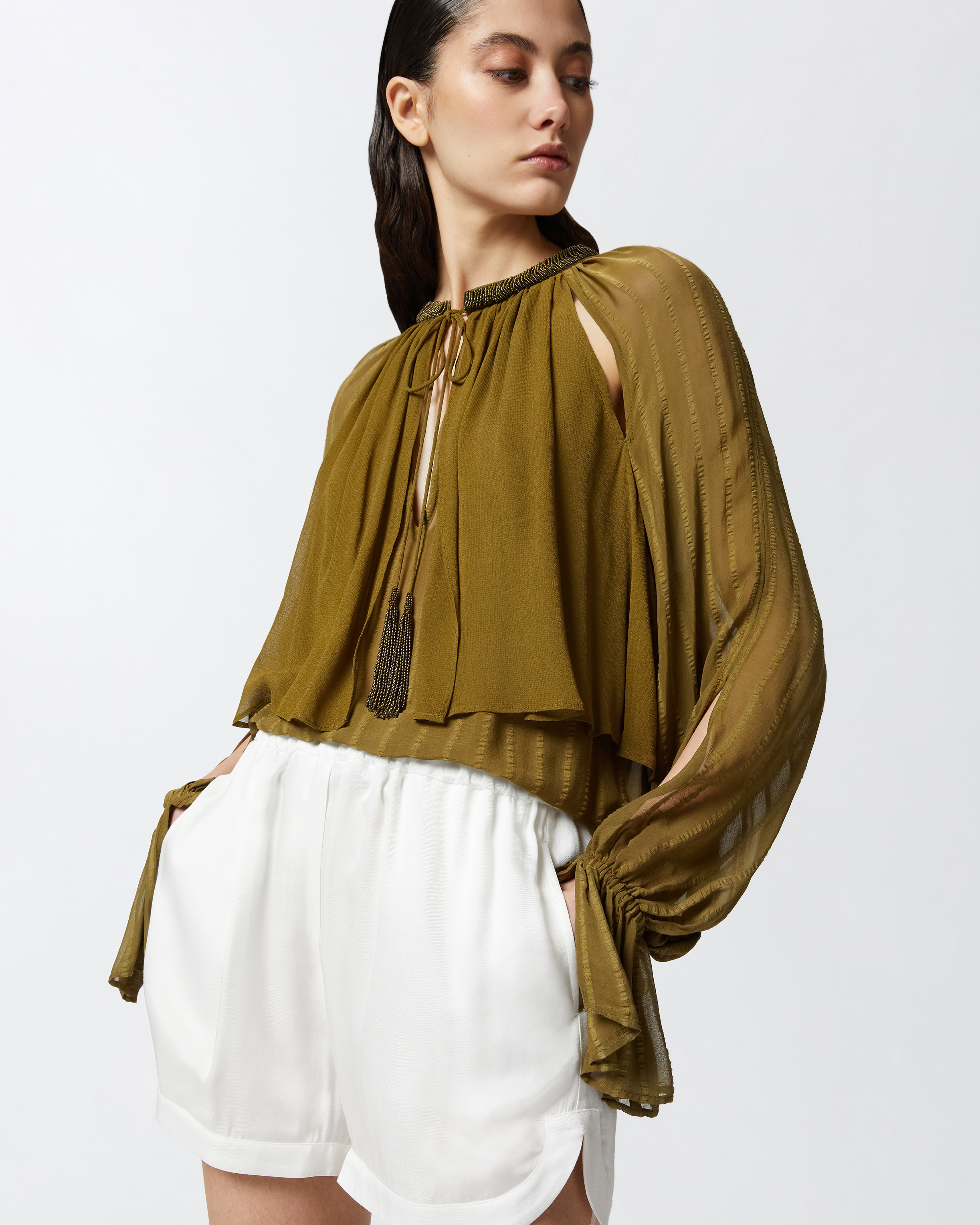 Pinko Striped Satin Blouse With Bead Embroidery In Oliva Militare