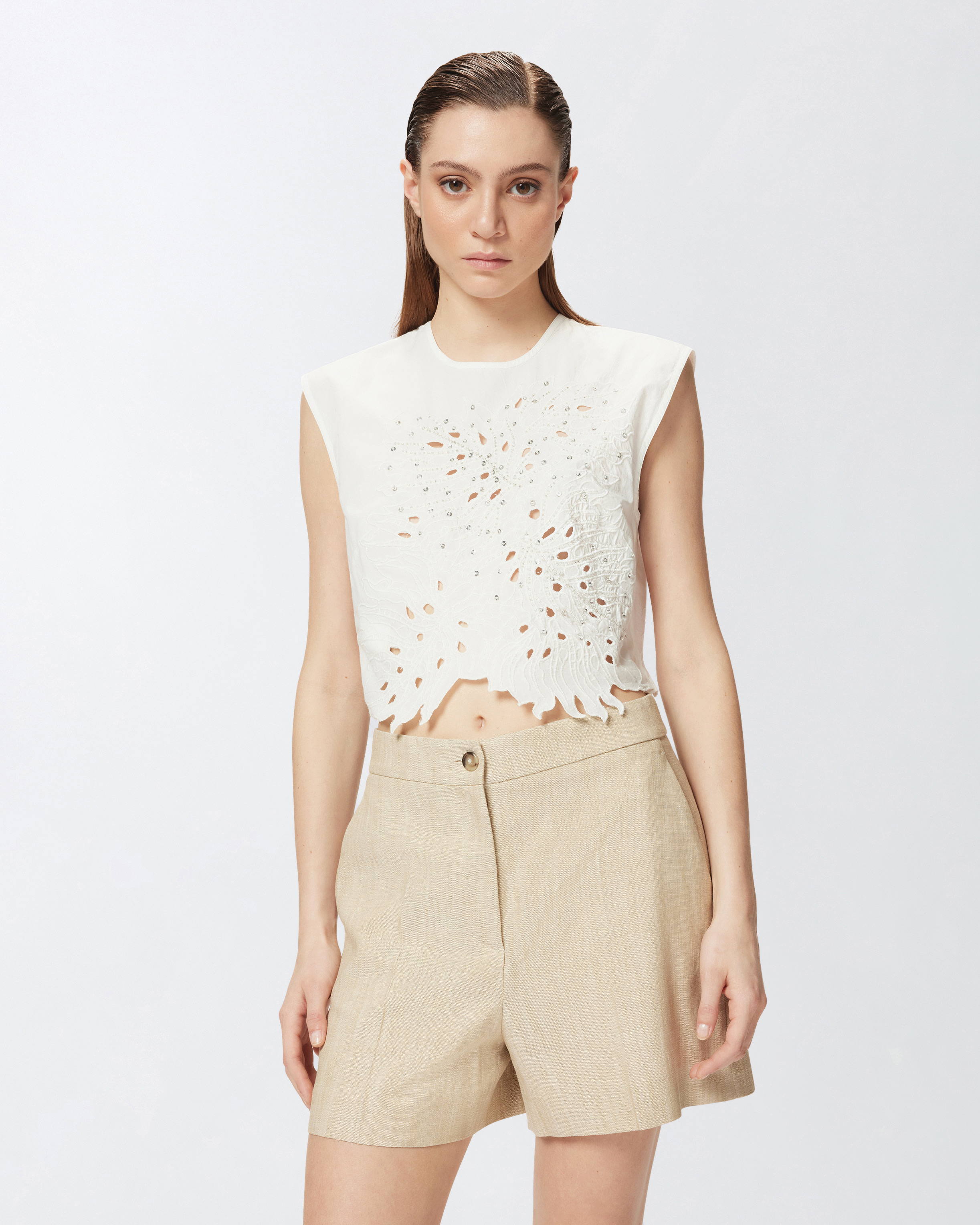 Pinko Crop Top With Openwork Embroidery And Crystals In Bianco-biancaneve