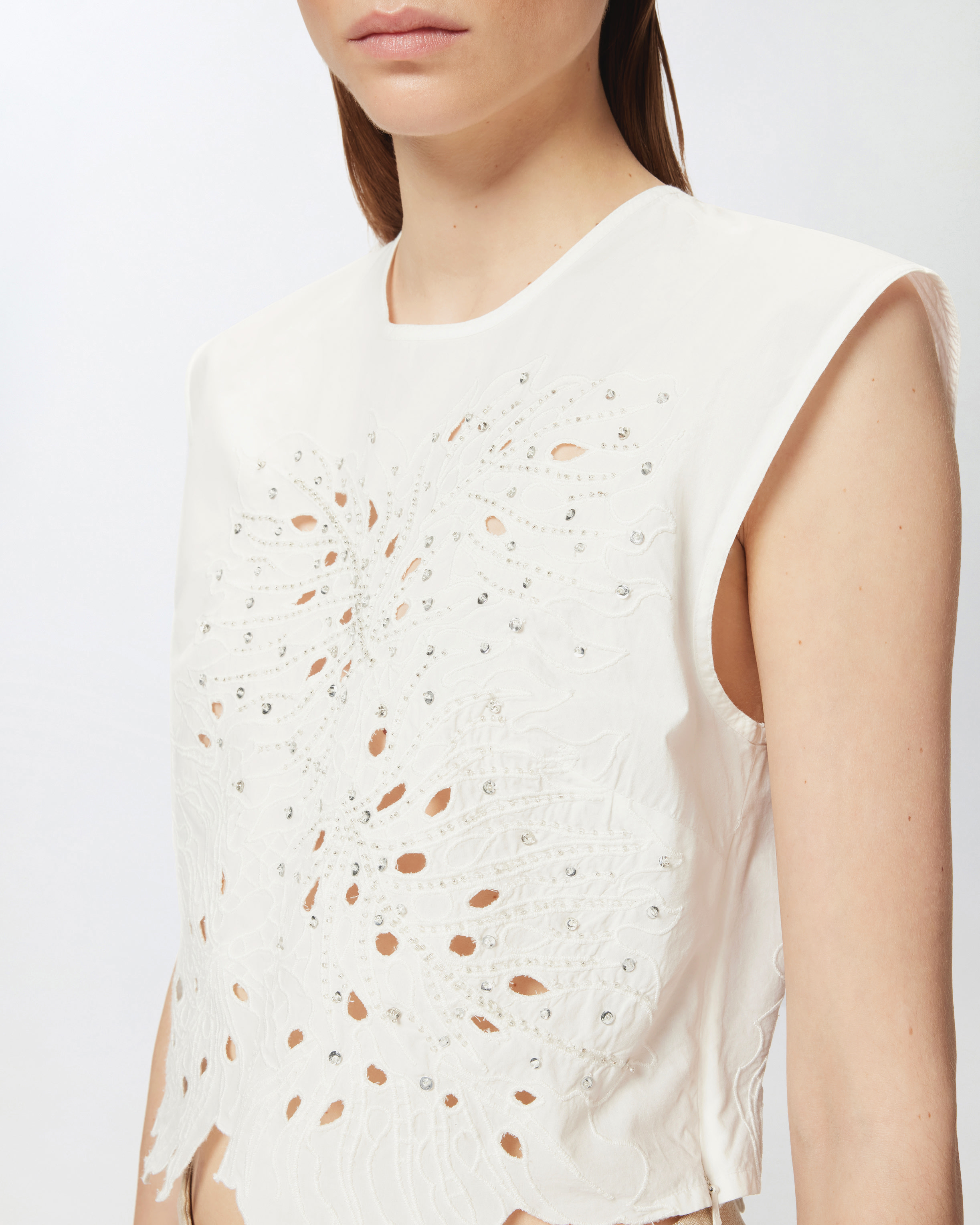 Pinko Crop Top With Openwork Embroidery And Crystals In Bianco-biancaneve