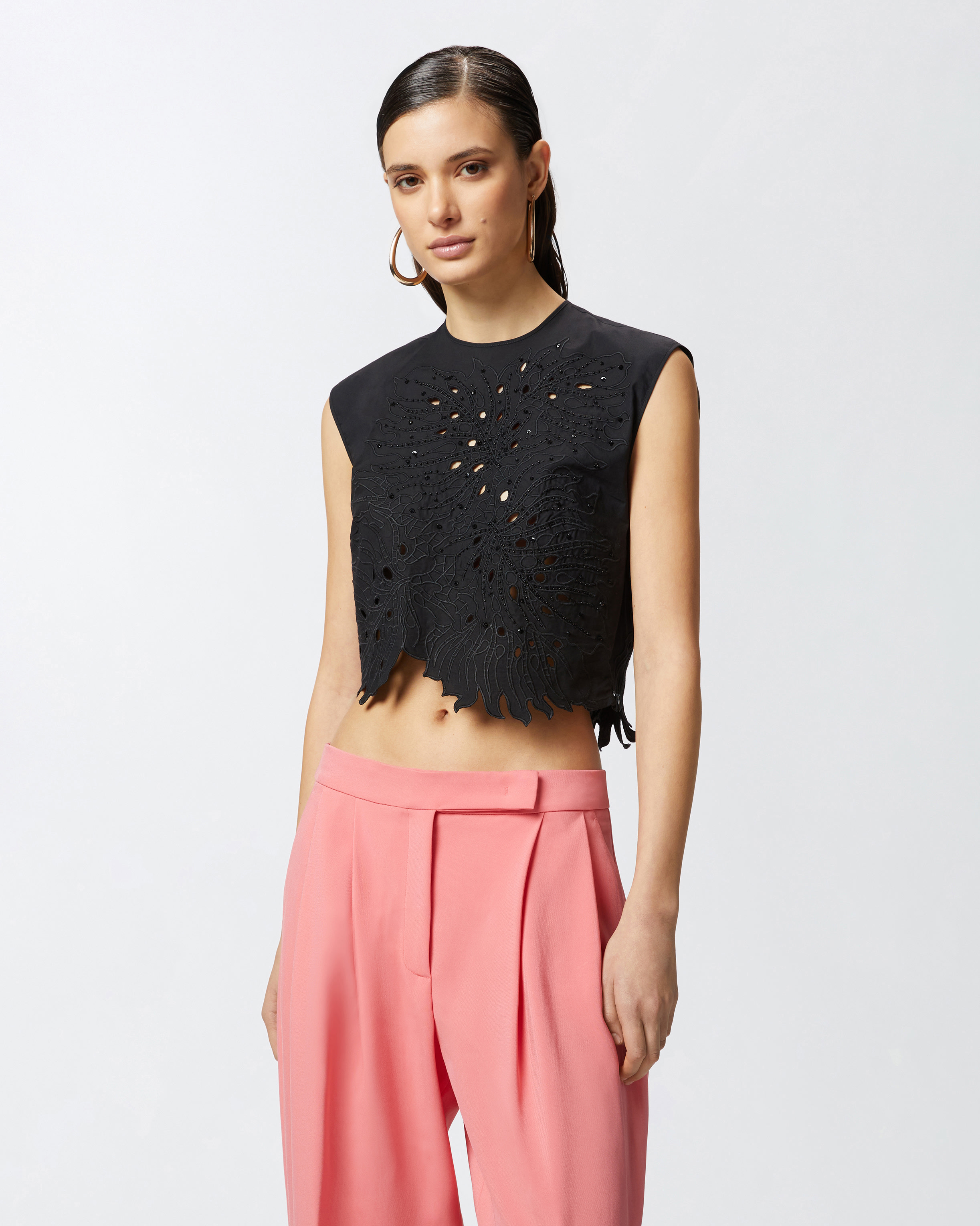 Pinko Crop Top With Openwork Embroidery And Crystals In Limo Black