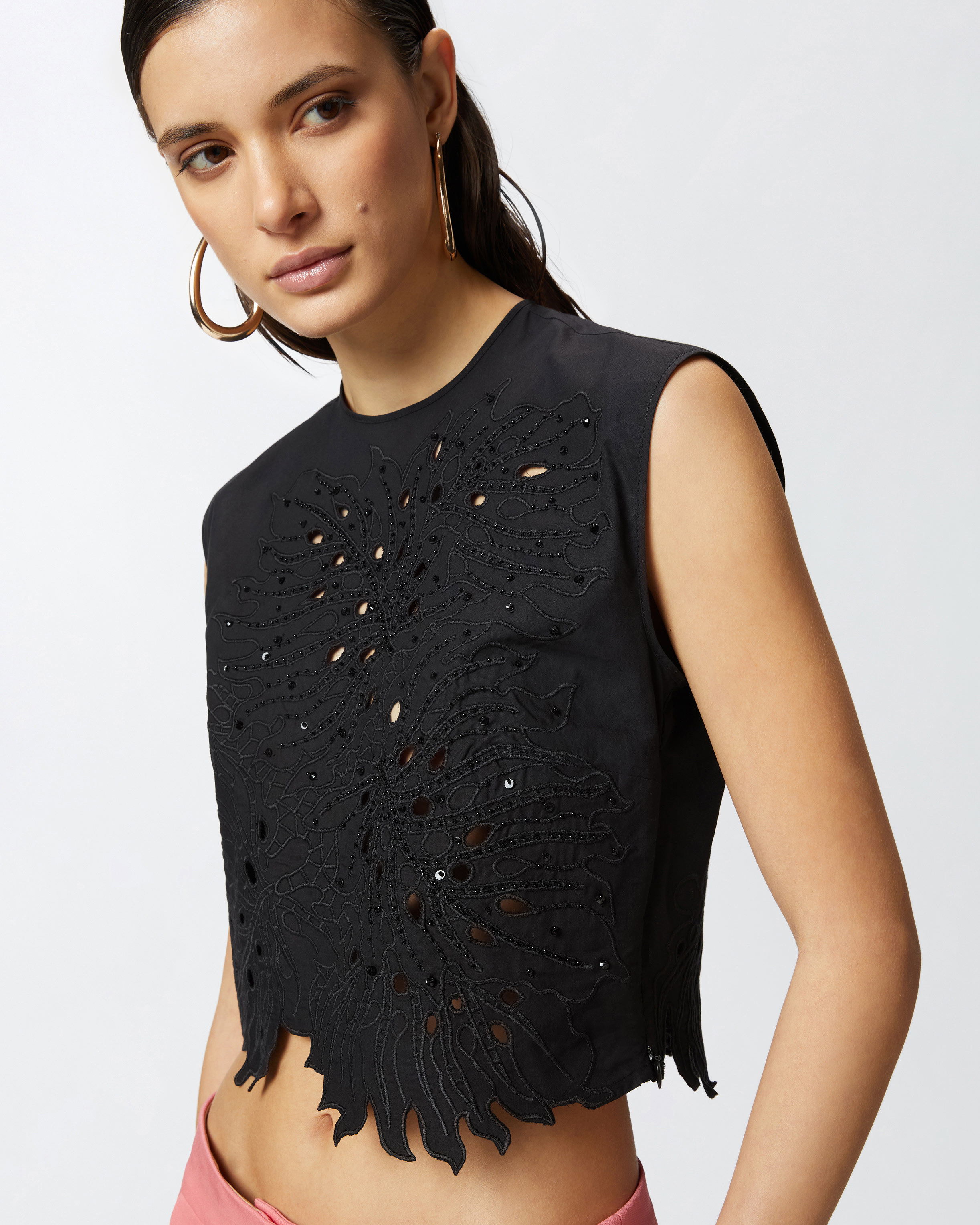 Pinko Crop Top With Openwork Embroidery And Crystals In Limo Black