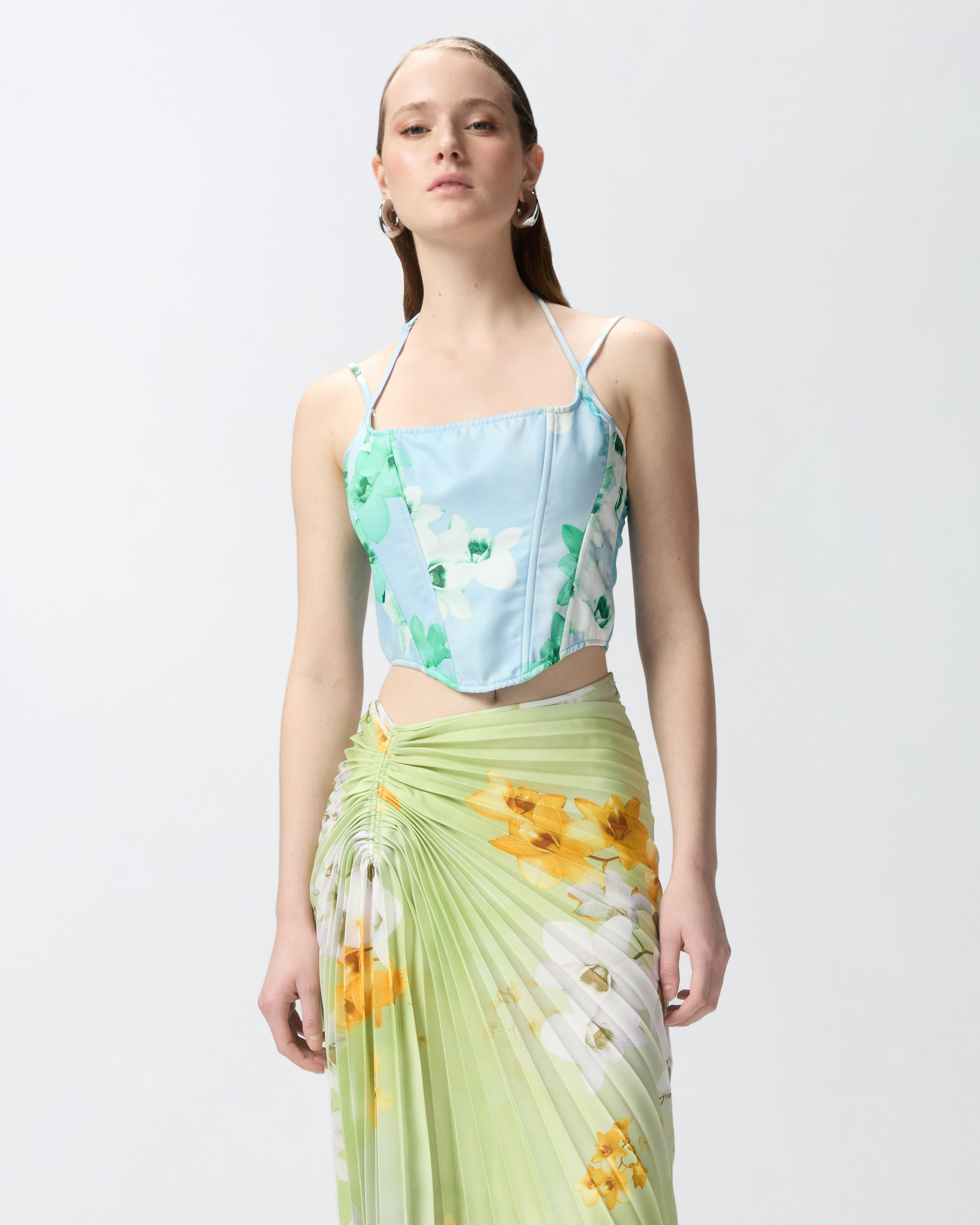 Pinko Floral-print Corset In Mult. Light Blue/blue/white