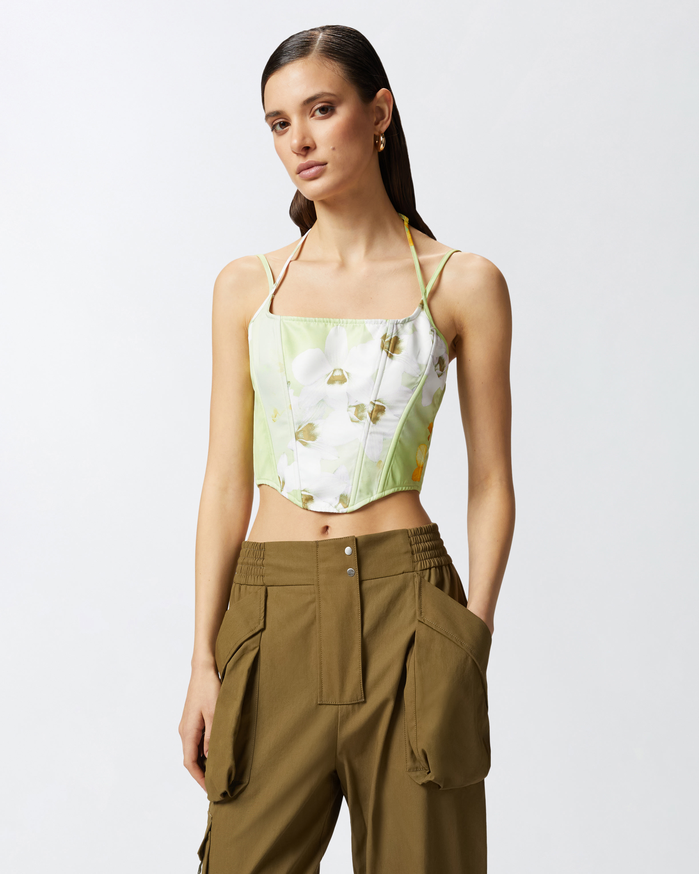 Pinko Floral-print Corset Top In Mult. Green/yellow/white