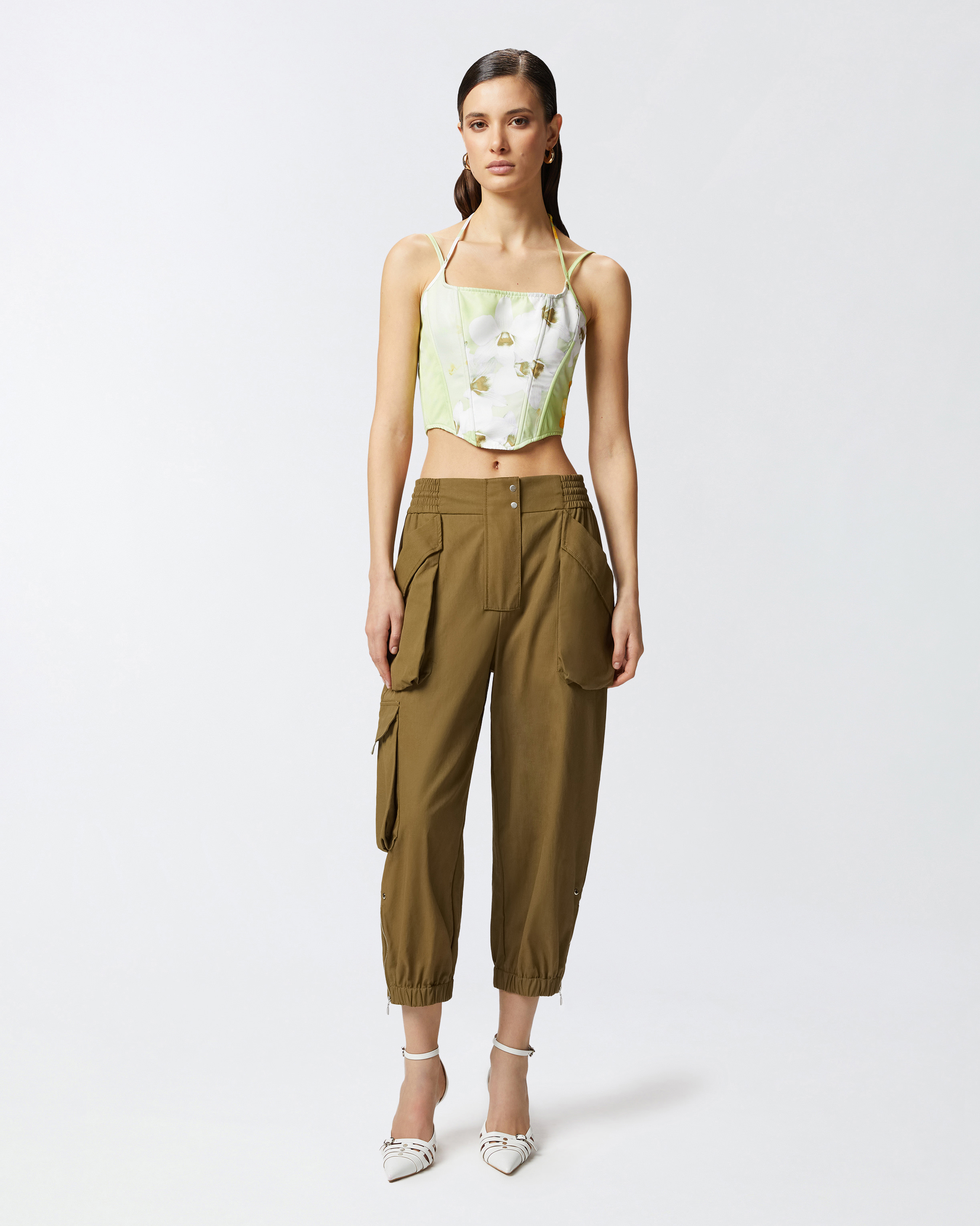 Pinko Floral-print Corset Top In Mult. Green/yellow/white