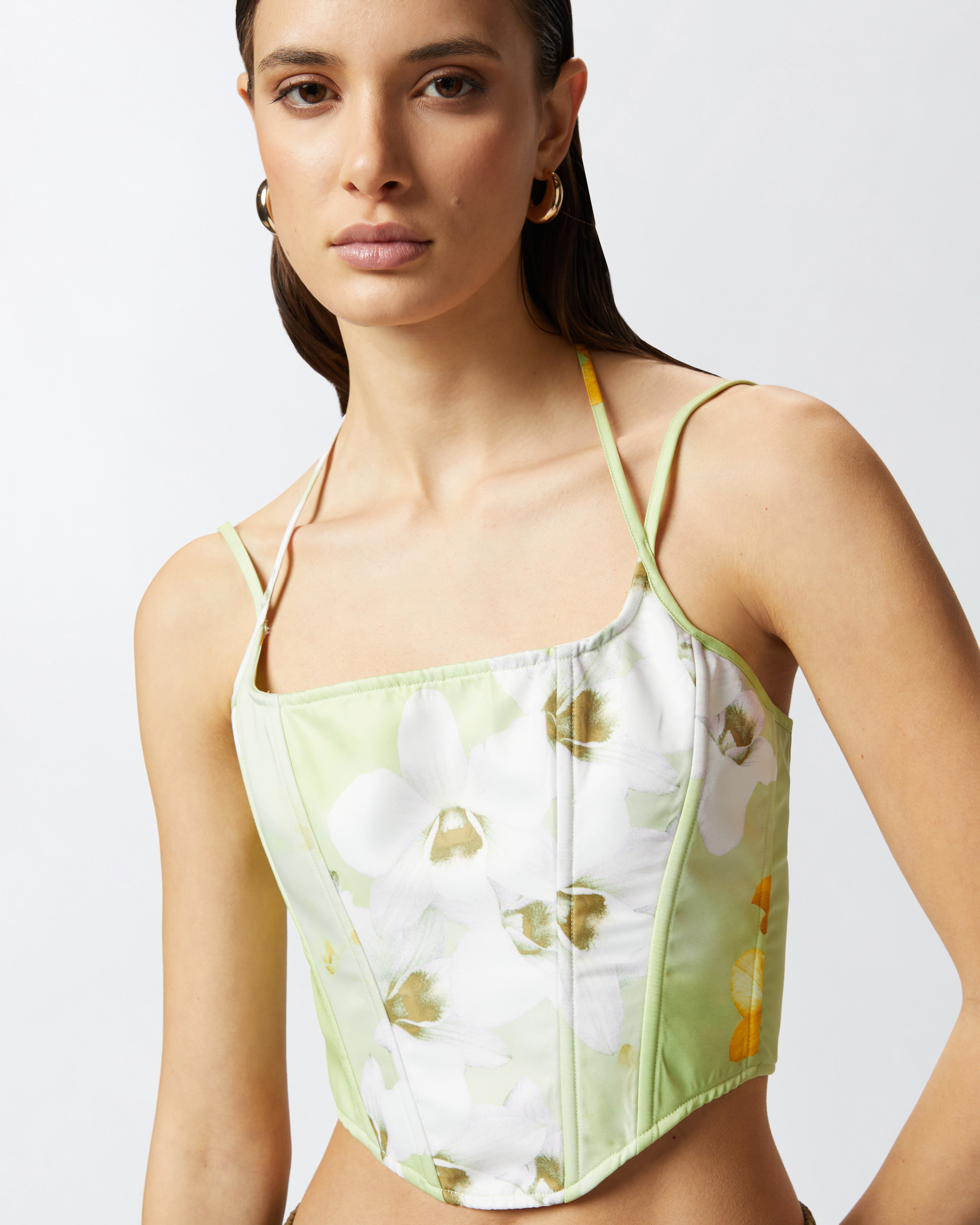 Pinko Floral-print Corset Top In Mult. Green/yellow/white