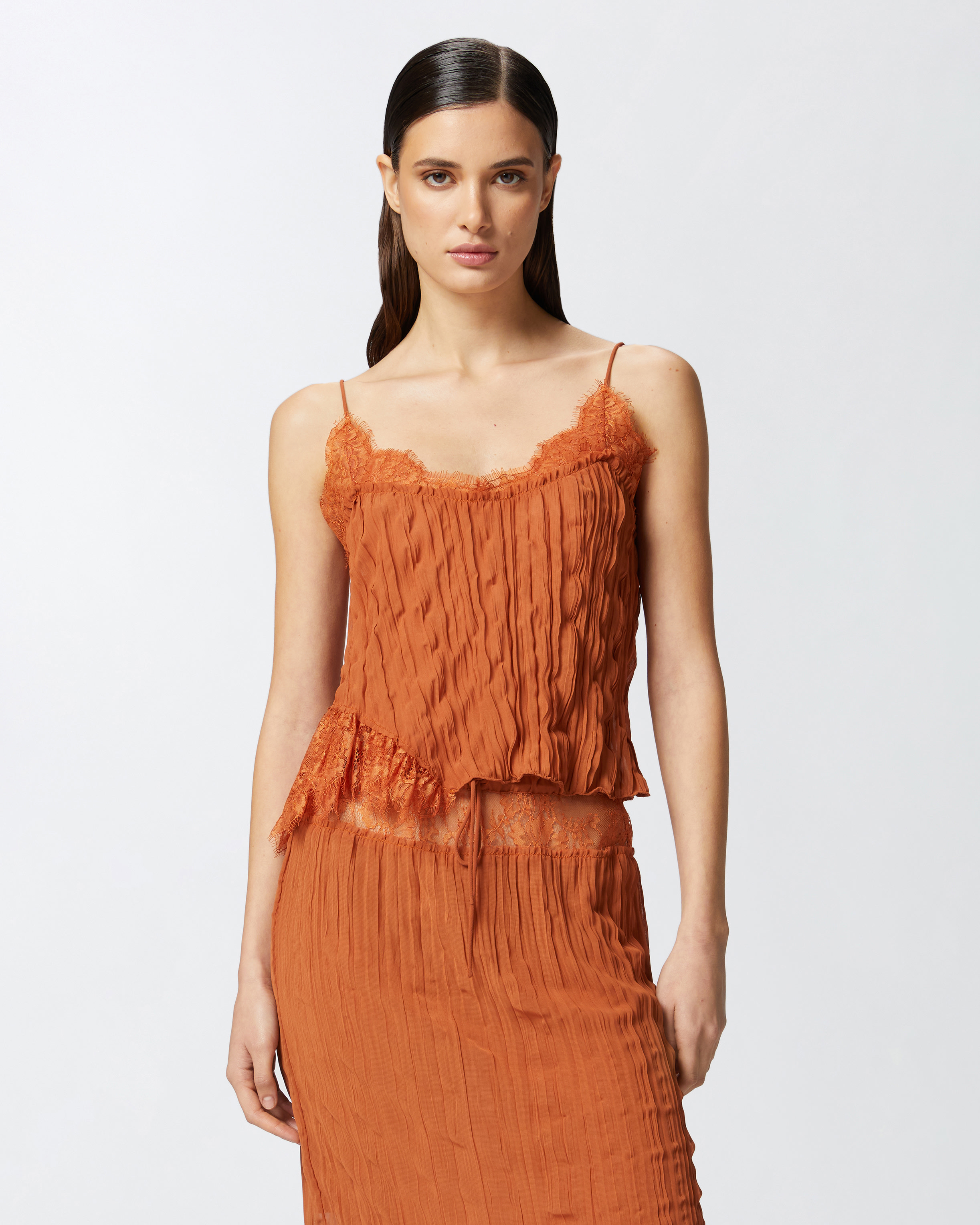 Pinko Gathered Georgette Top With Lace In Marron Cuir