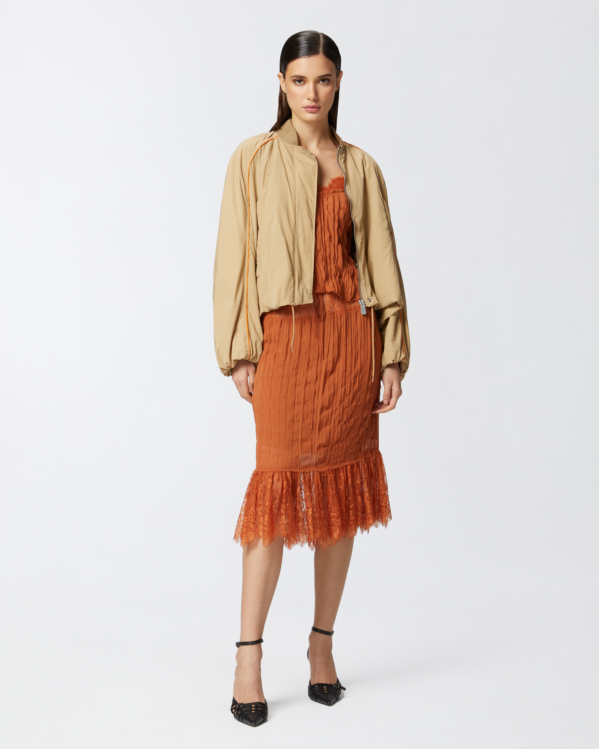 Pinko Gathered Georgette Top With Lace In Marron Cuir