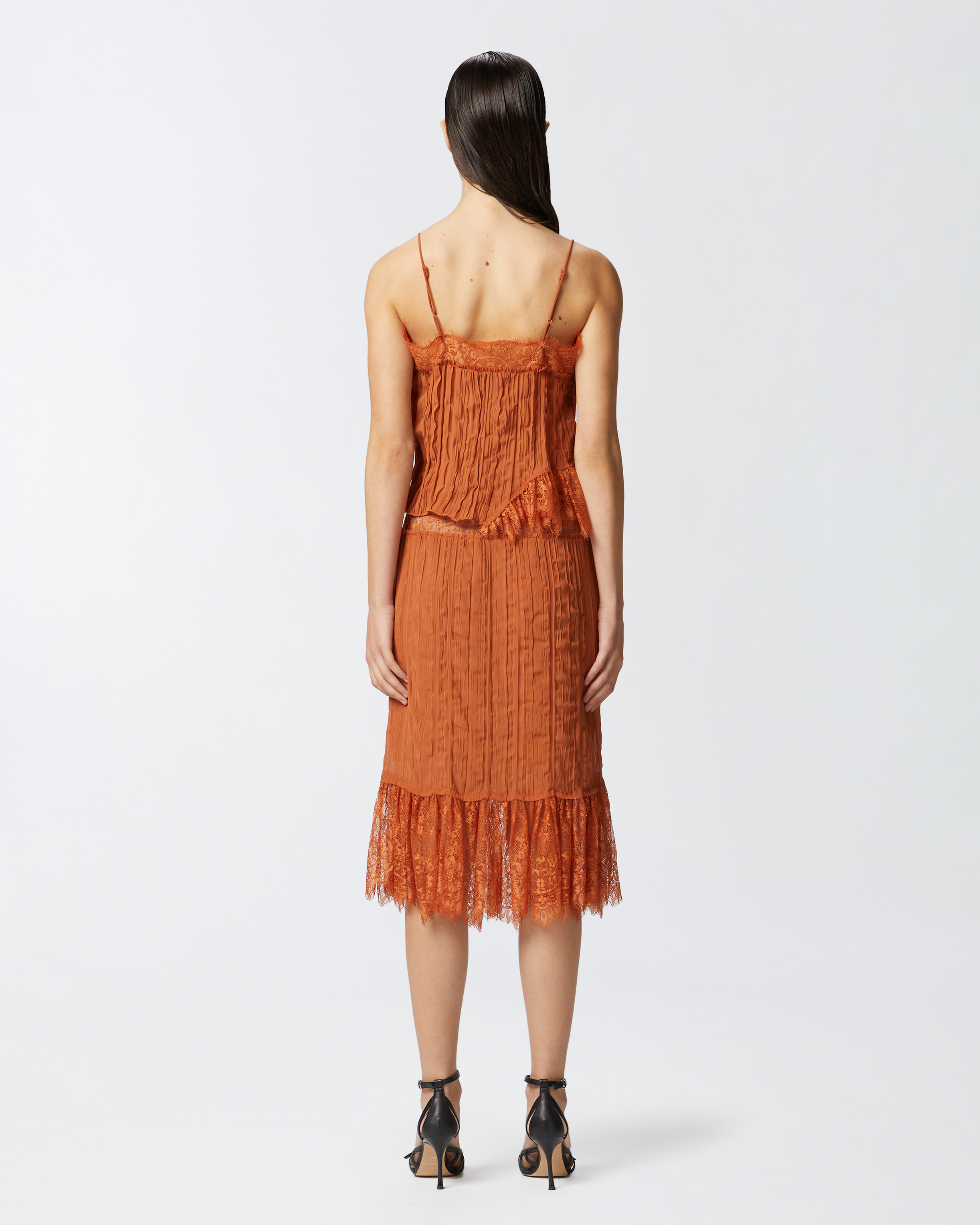 Pinko Gathered Georgette Top With Lace In Marron Cuir