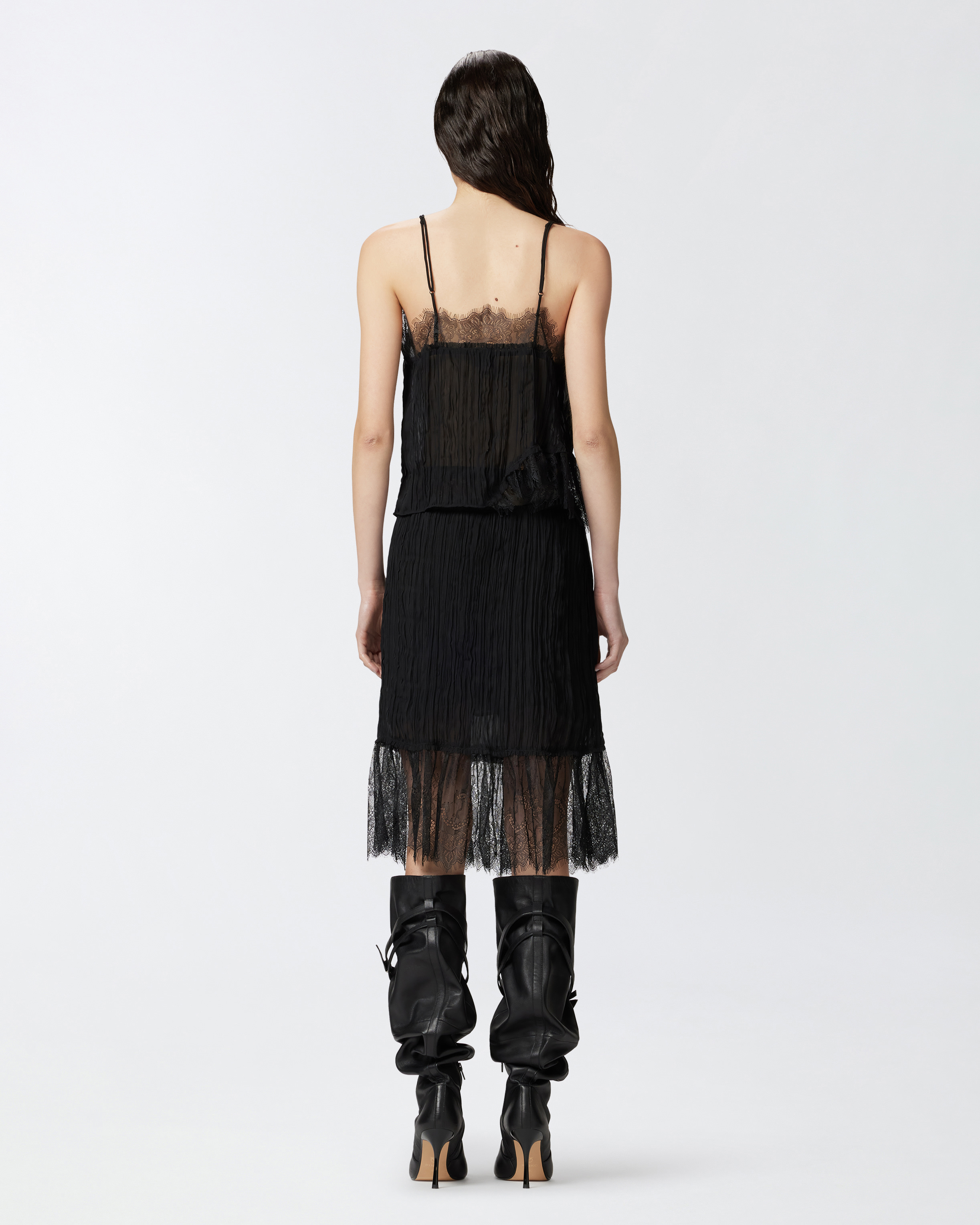 Pinko Gathered Georgette Top With Lace In Limo Black
