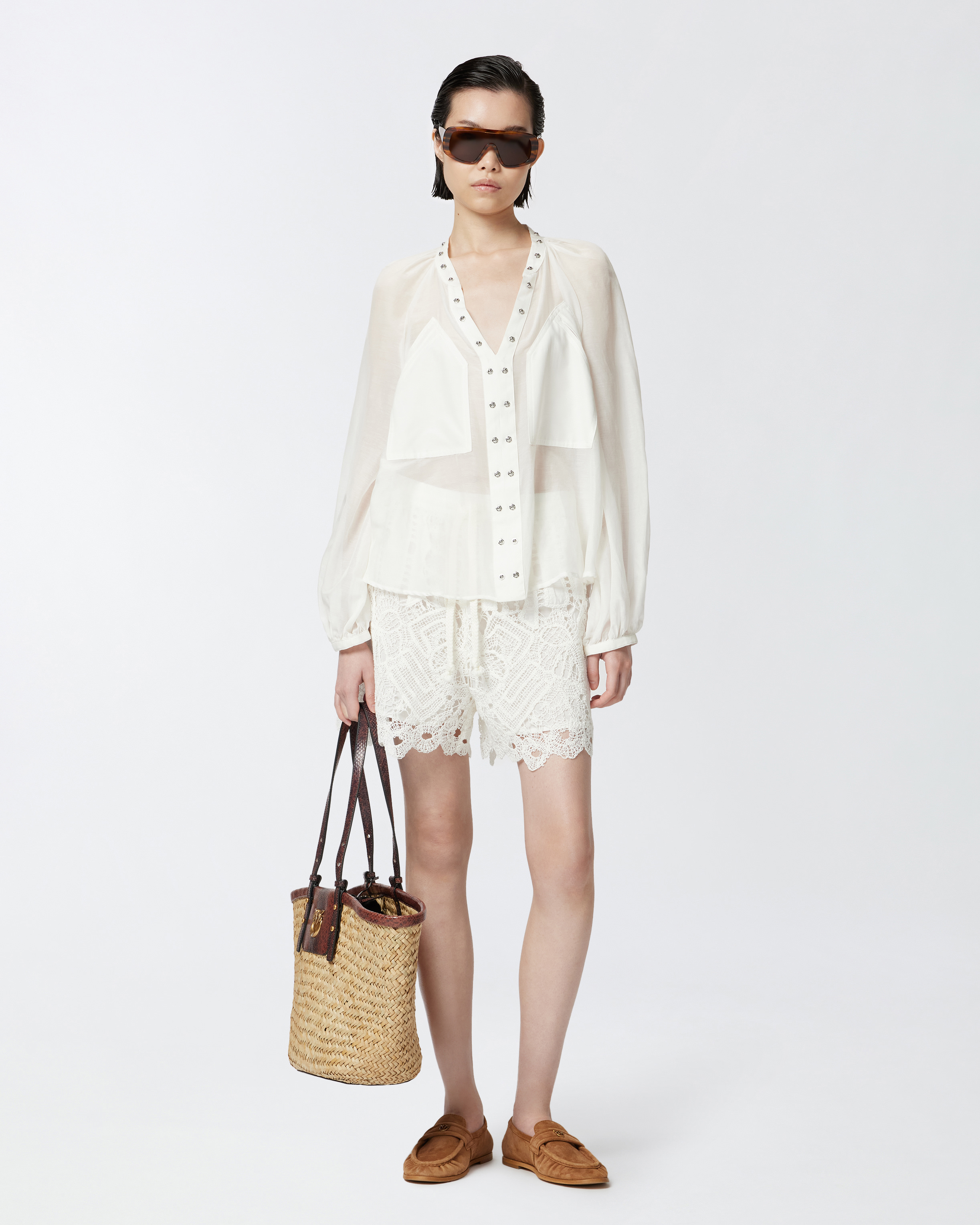 Pinko White Lace Design Serenata Rap Shorts In Snow White
