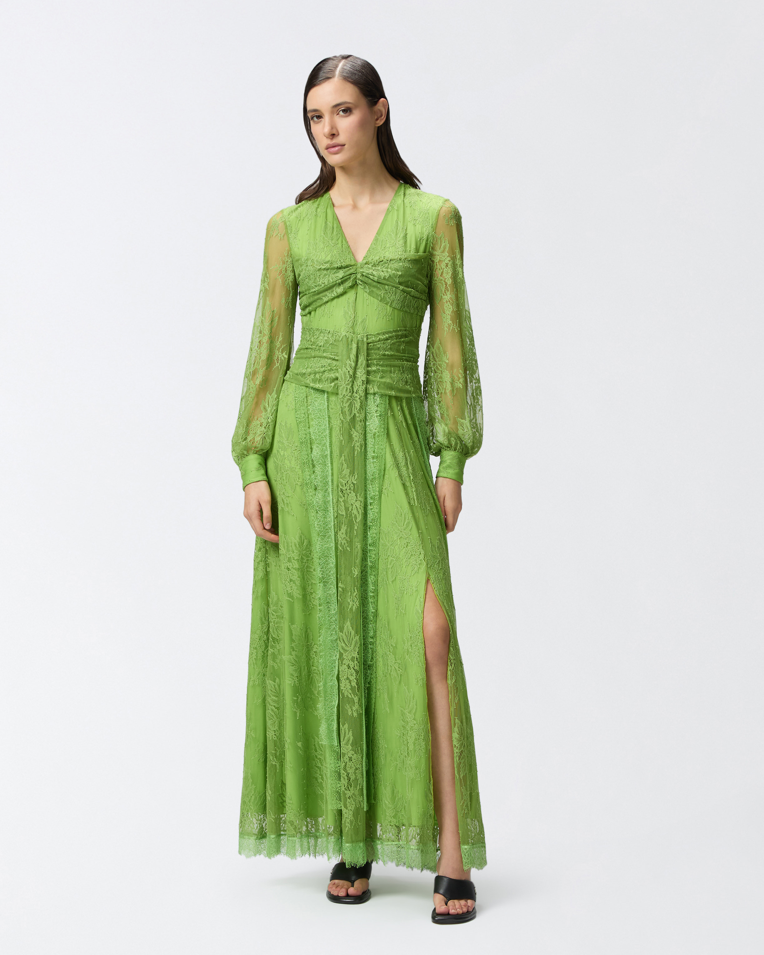 Pinko Long Lace Dress With V-neck In Green Spinach