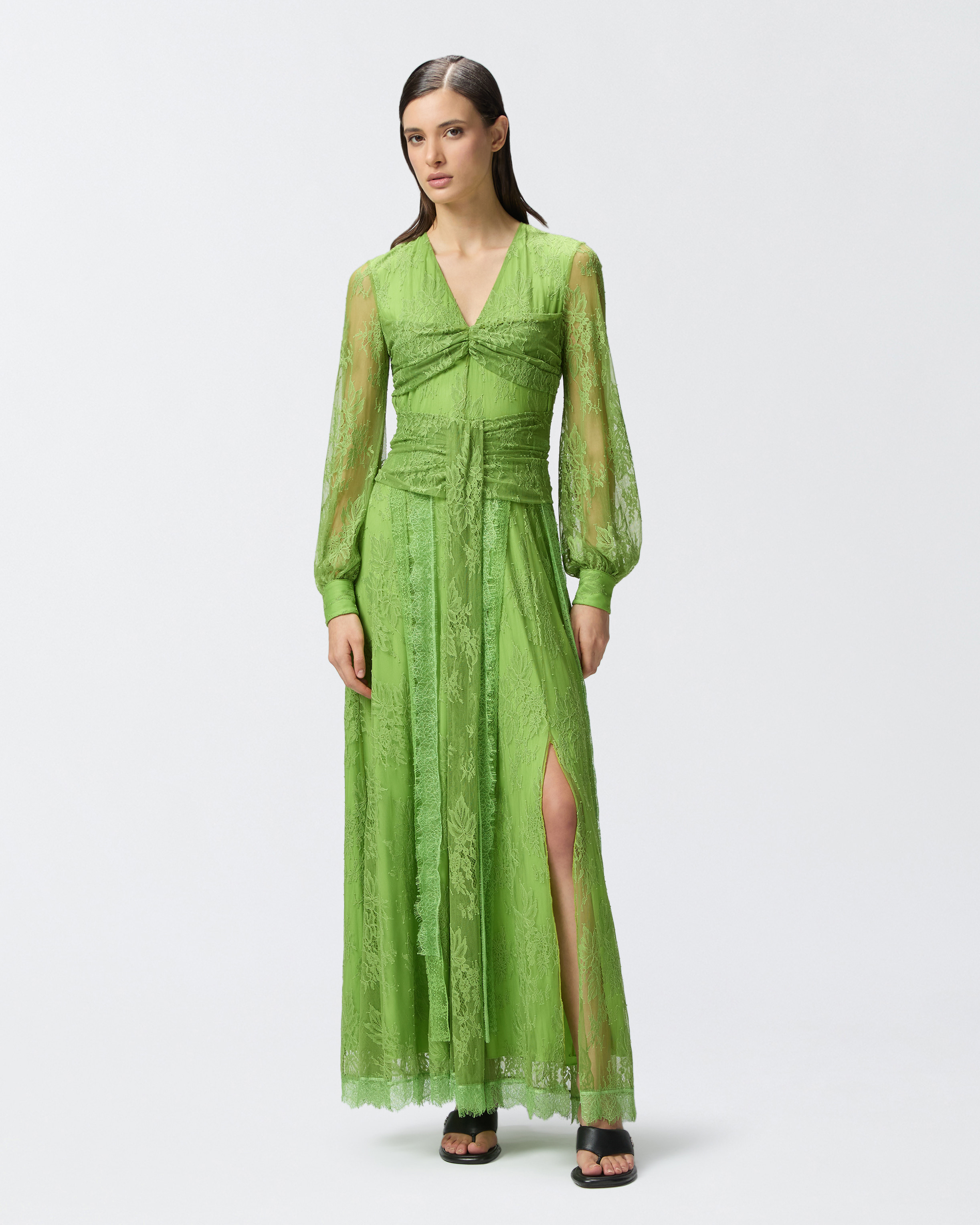 Pinko Long Lace Dress With V-neck In Green Spinach