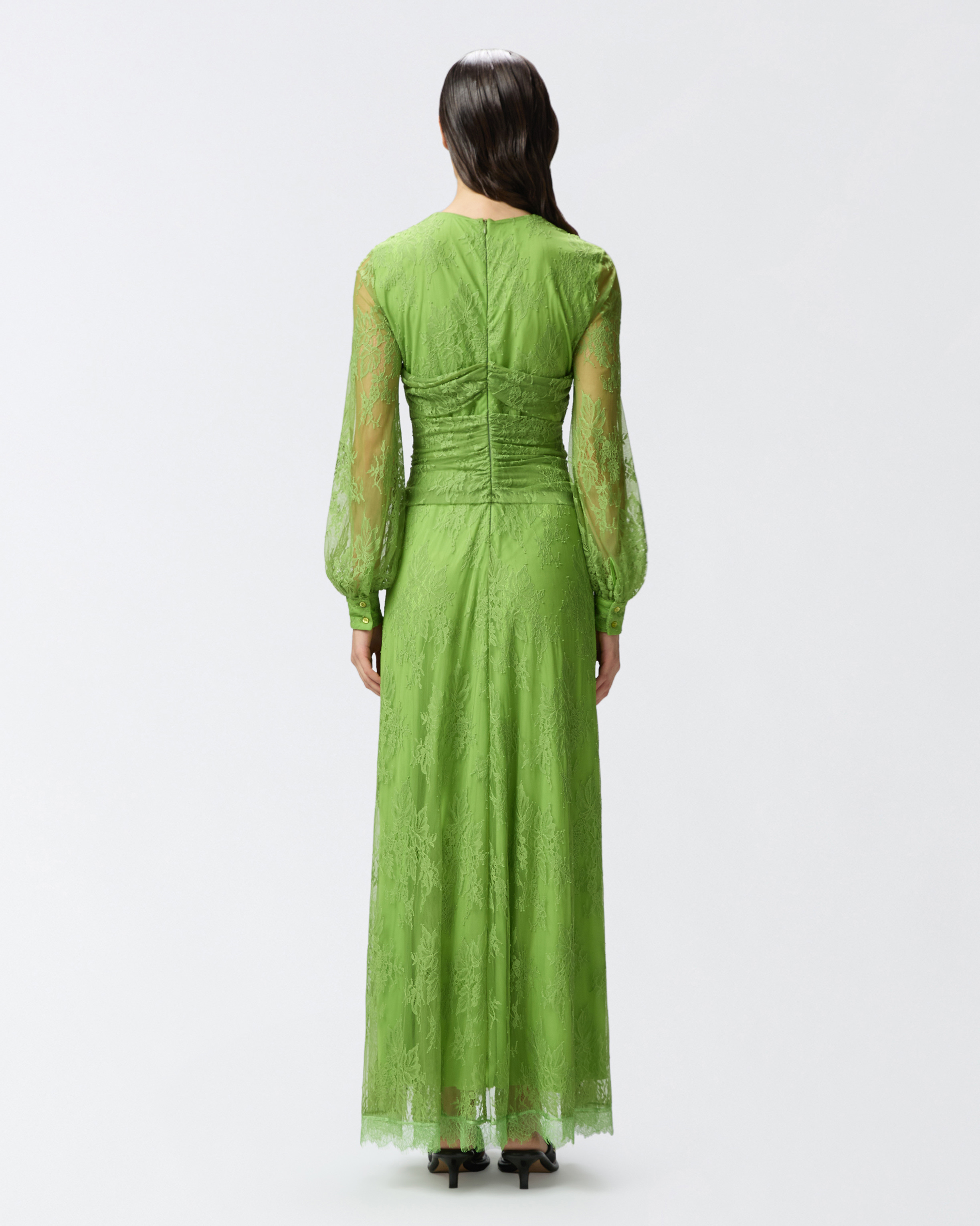 Pinko Long Lace Dress With V-neck In Green Spinach