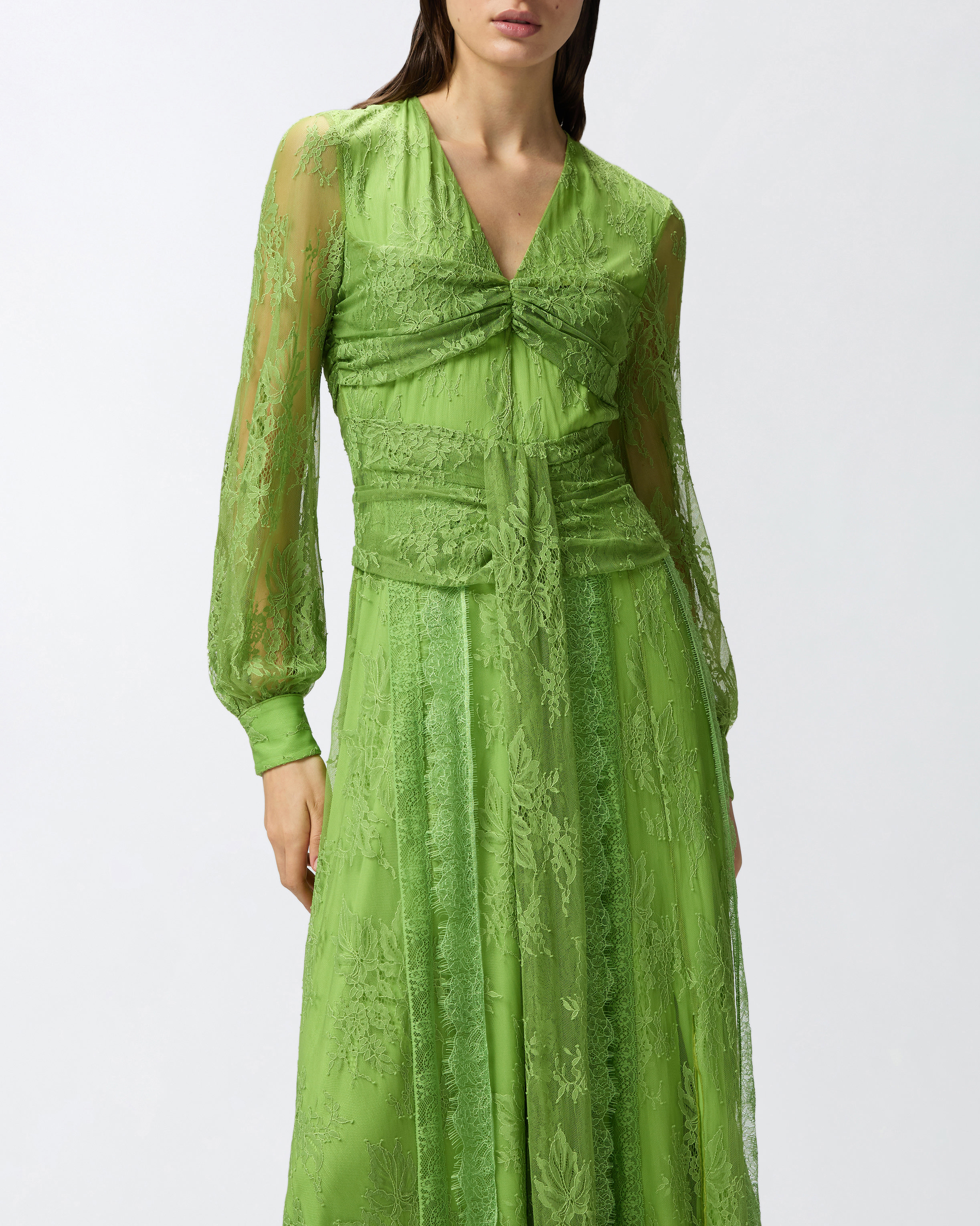 Pinko Long Lace Dress With V-neck In Green Spinach