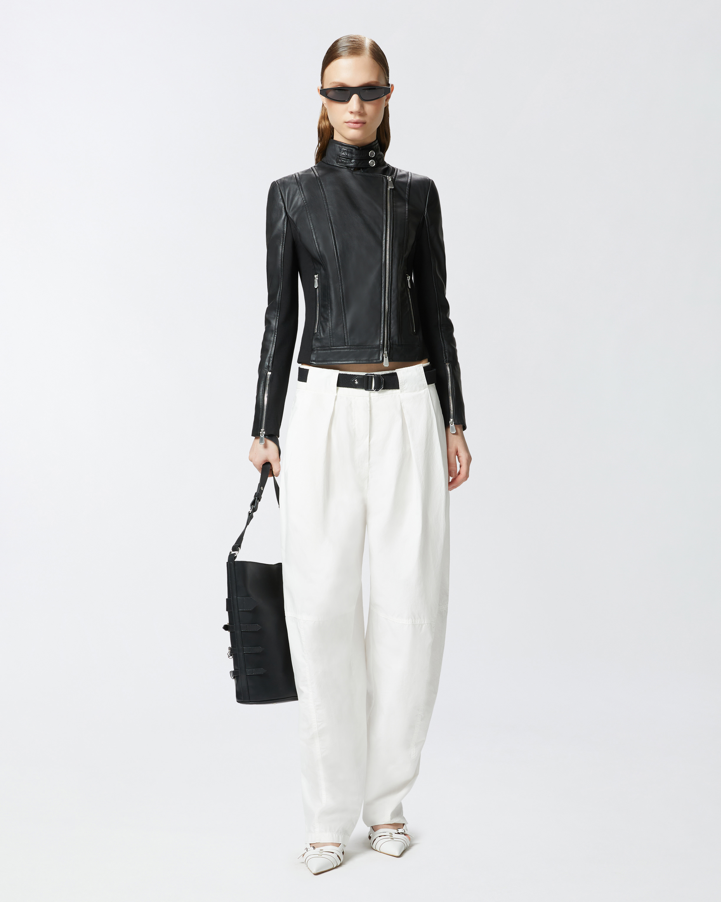 Pinko Blouson De Motard En Cuir Avec Dos En Tissu In Limo Black