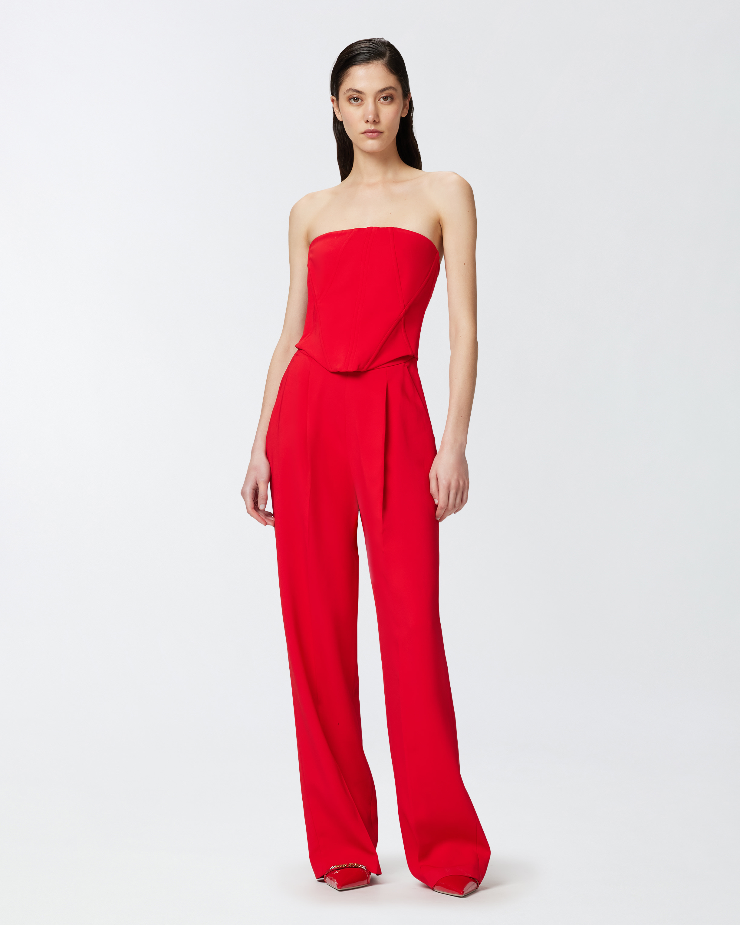 Pinko Strapless Jumpsuit With Boned Bodice And Pleat Detailing In Rouge Vif