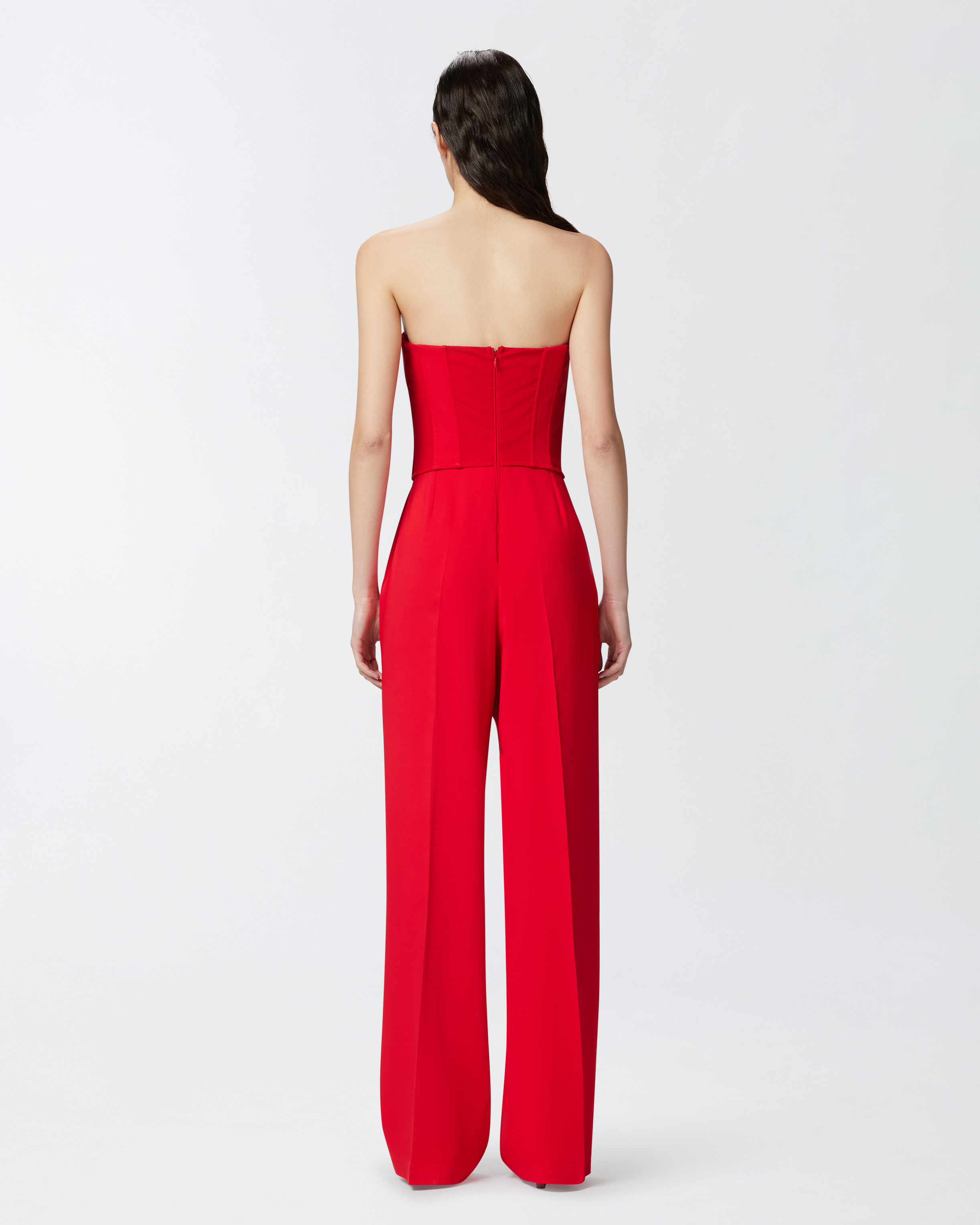 Pinko Strapless Jumpsuit With Boned Bodice And Pleat Detailing In Rouge Vif