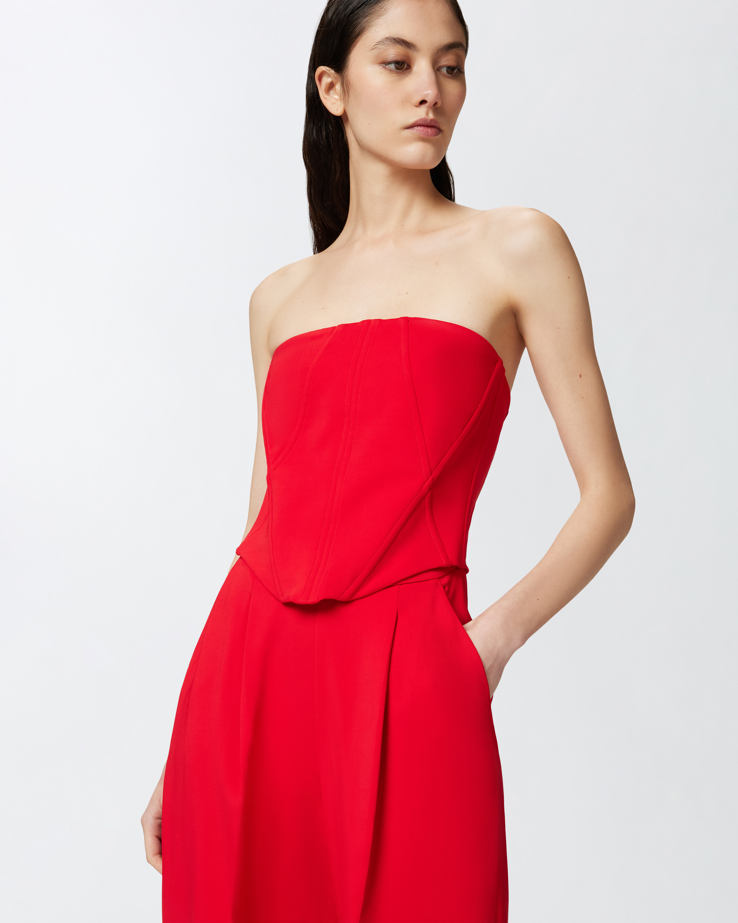 Pinko Strapless Jumpsuit With Boned Bodice And Pleat Detailing In Rouge Vif