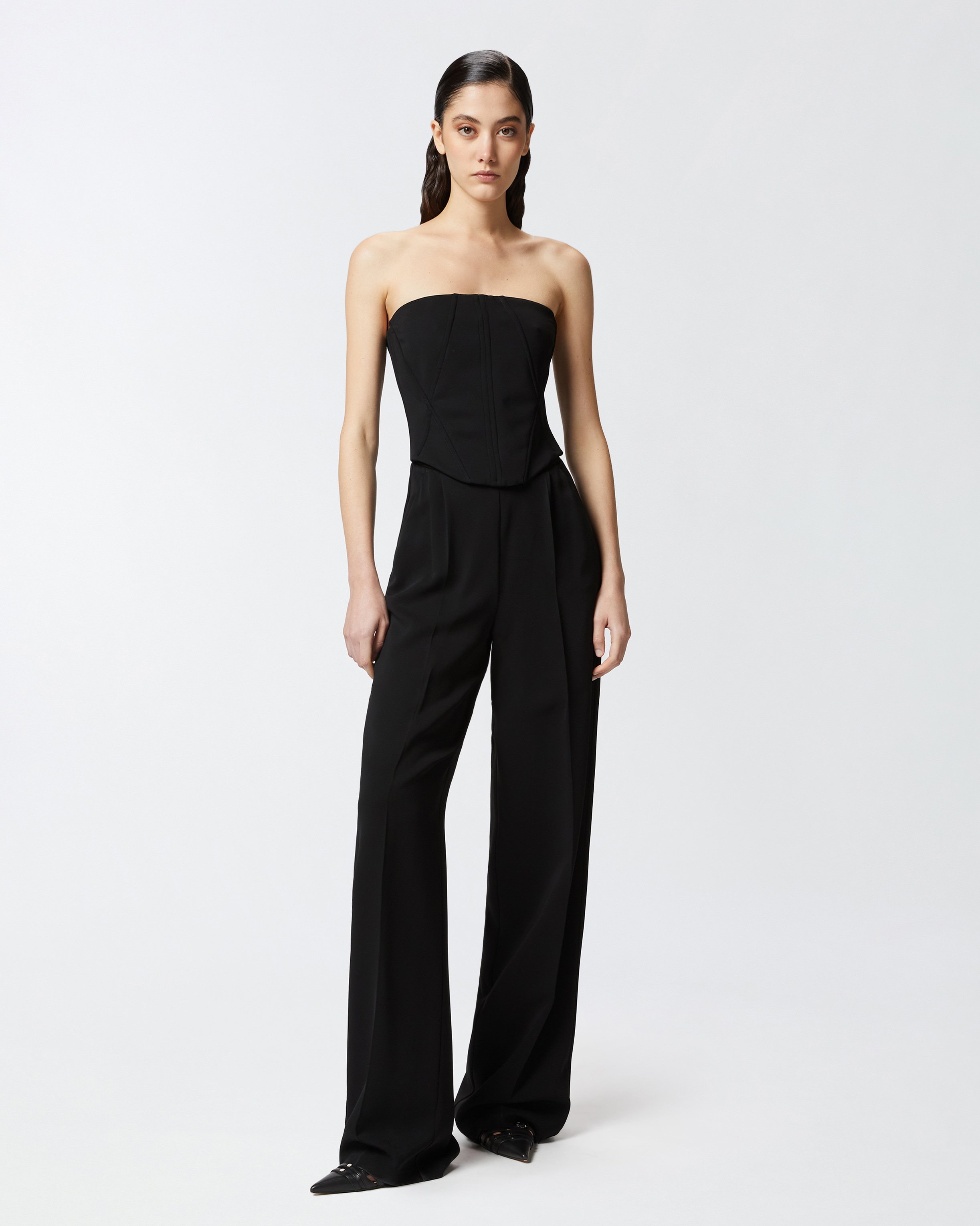 Pinko Elegant Bustier Jumpsuit With Wide-leg Trousers In Limo Black