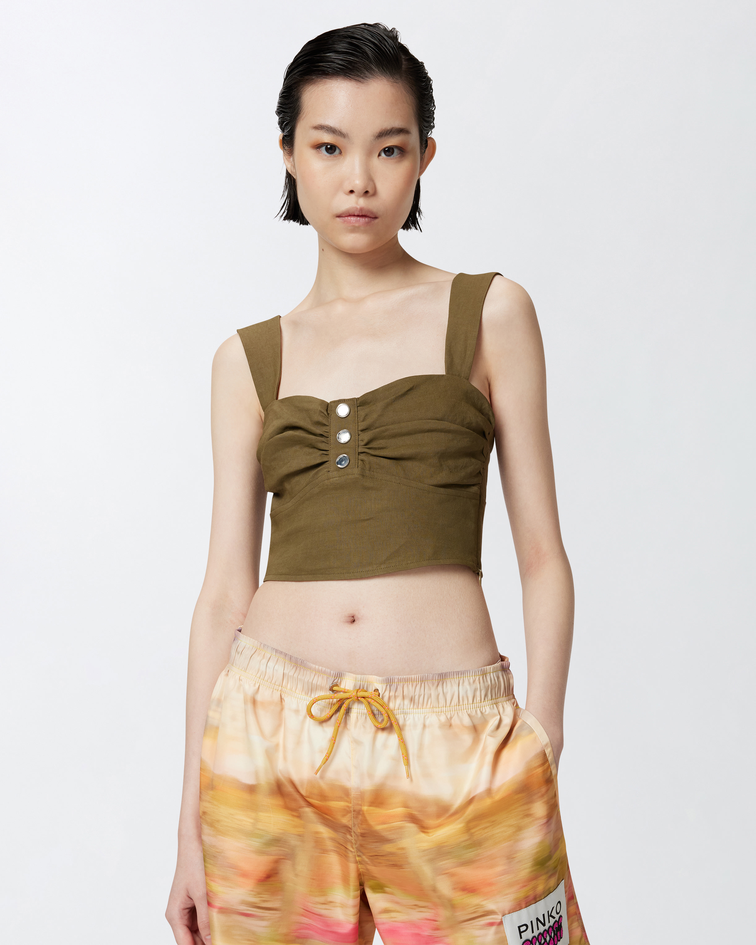 Pinko Crop Top Buttoned Front Ruched In Military Olive Green