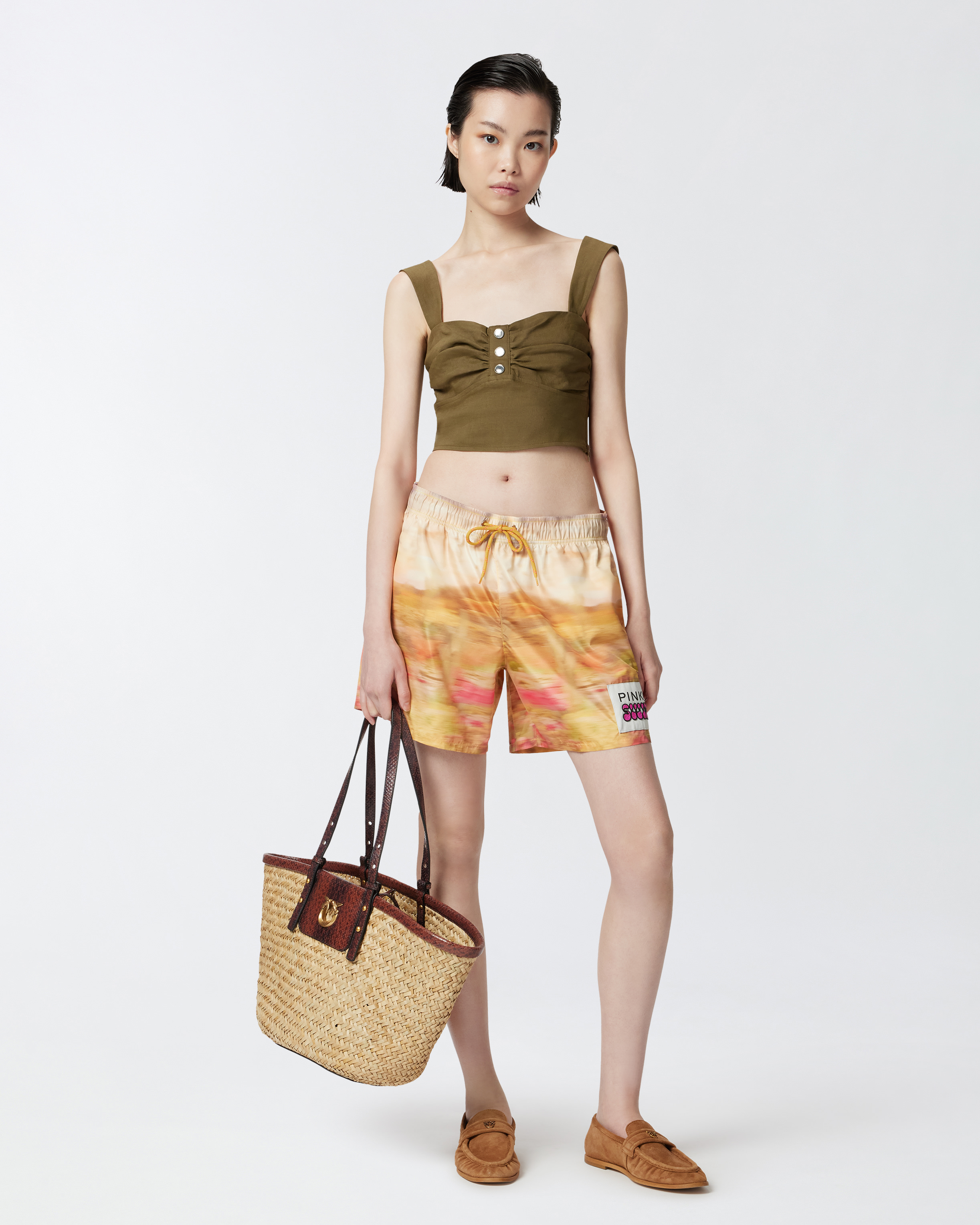 Pinko Crop Top Buttoned Front Ruched In Military Olive Green