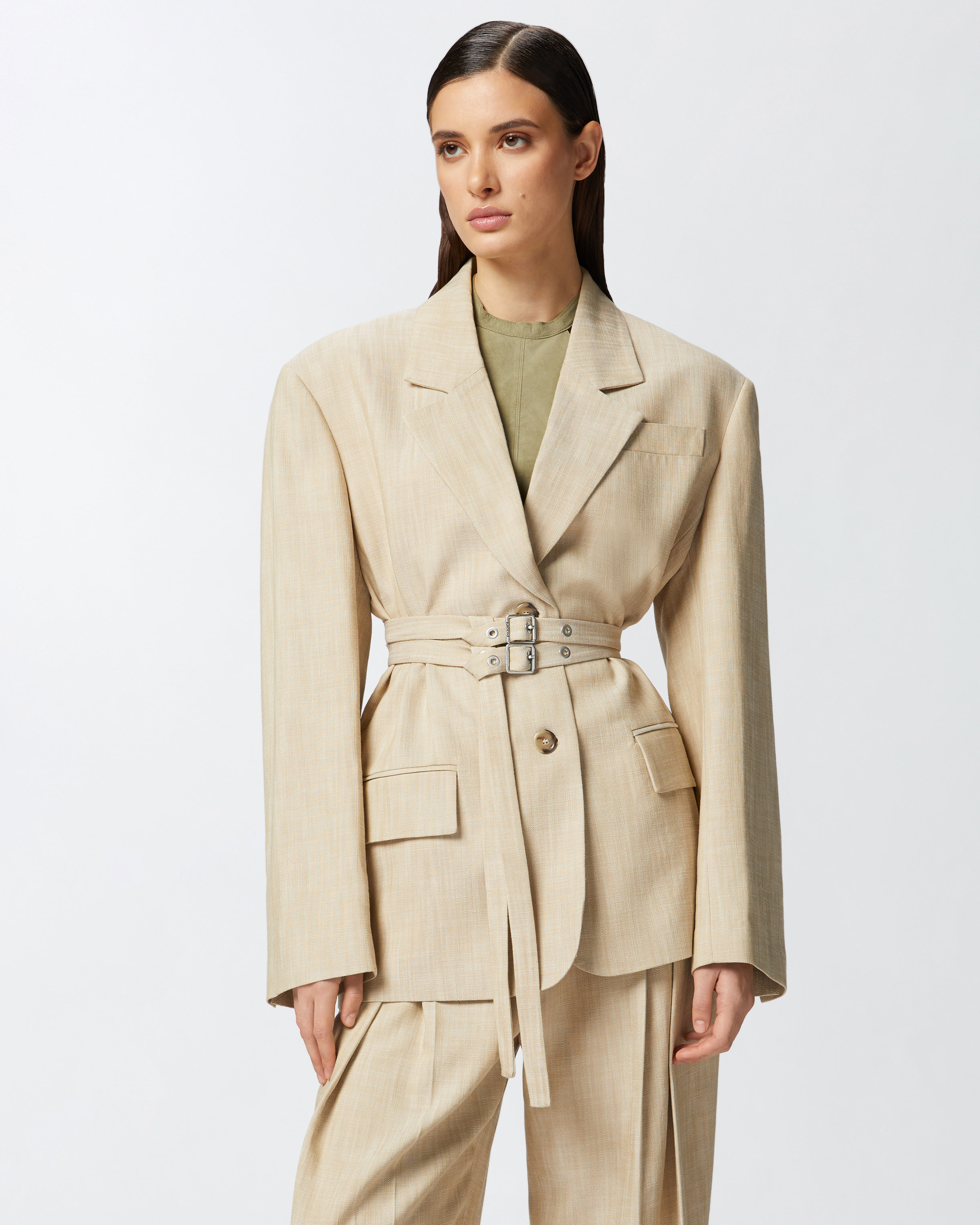 Pinko Belted Waist Blazer With Front Button Fastening In Beige-sabbia Ardente