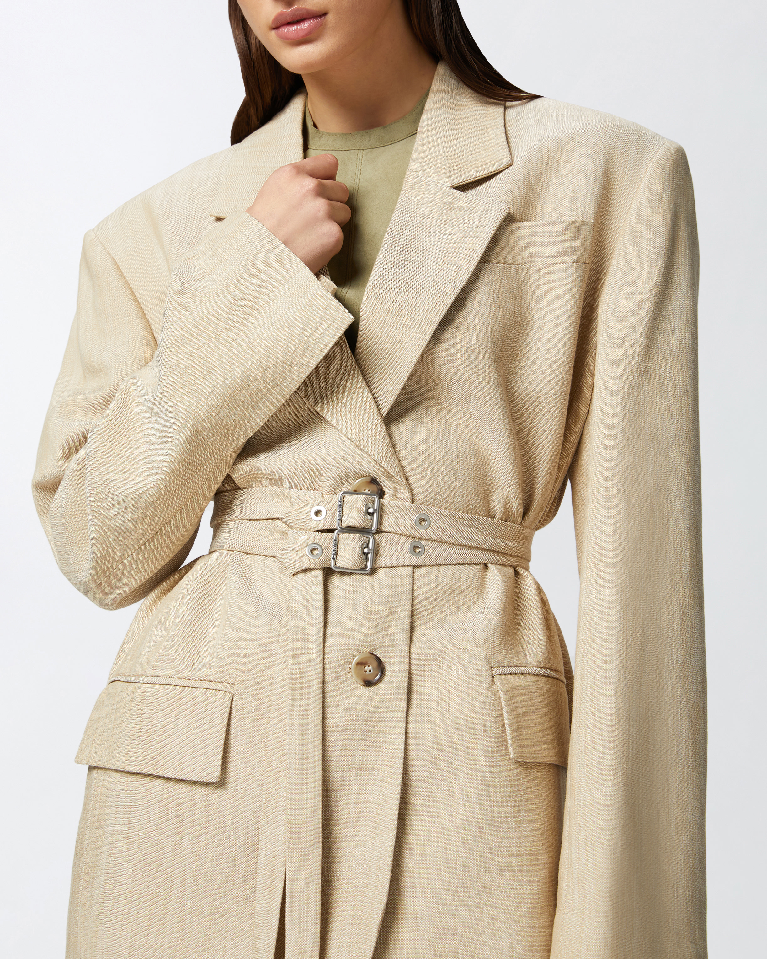 Pinko Belted Waist Blazer With Front Button Fastening In Beige-sabbia Ardente