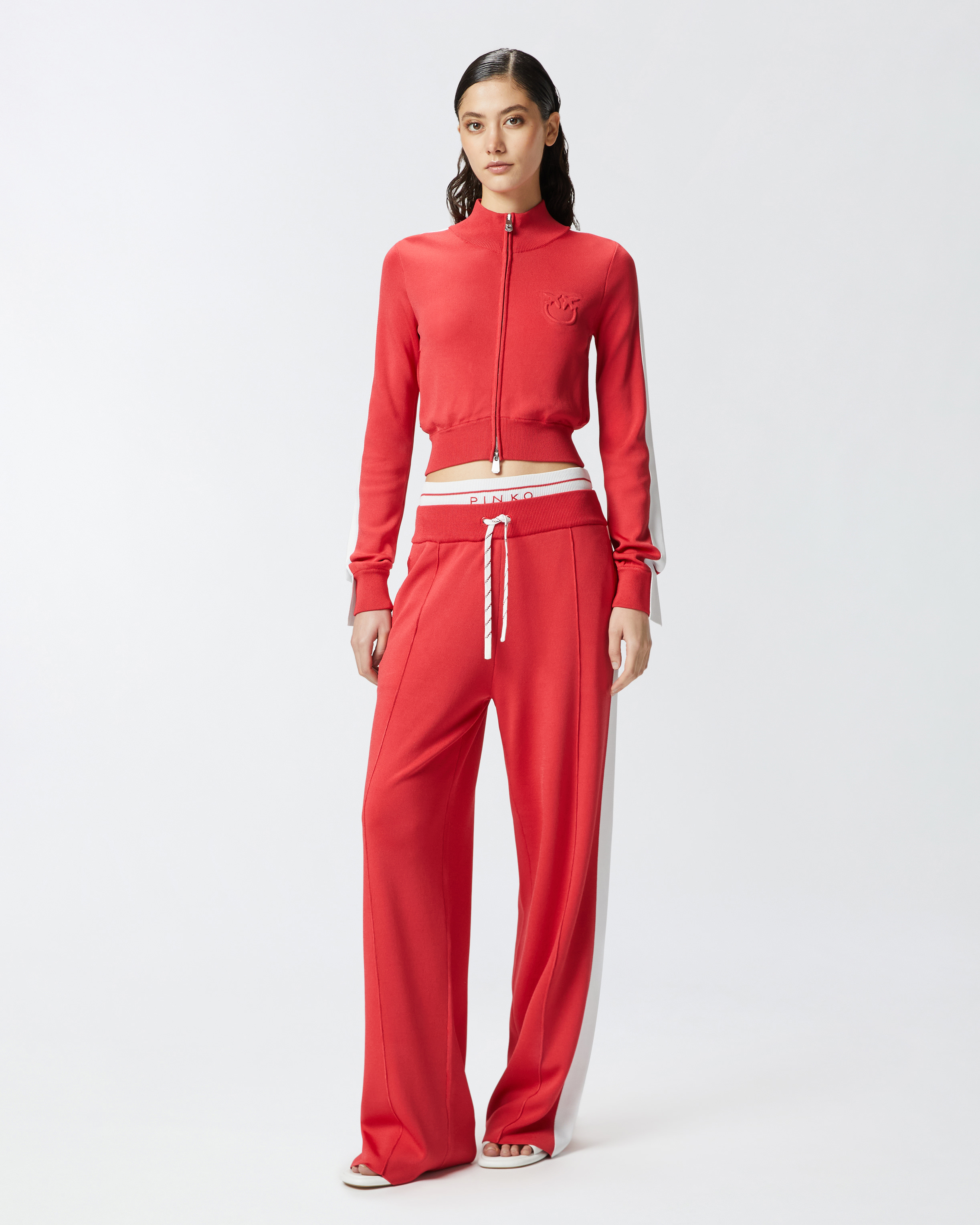 Pinko Wide-leg Sporty Trousers With Side Band Detail In Rosso/bianco