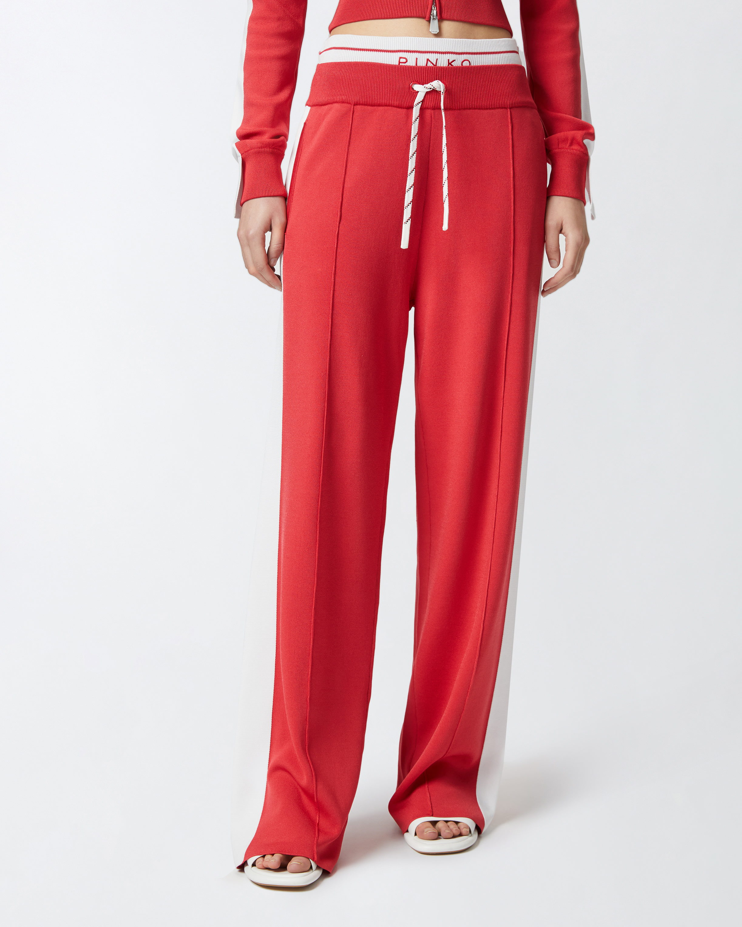 Pinko Wide-leg Sporty Trousers With Side Band Detail In Rosso/bianco