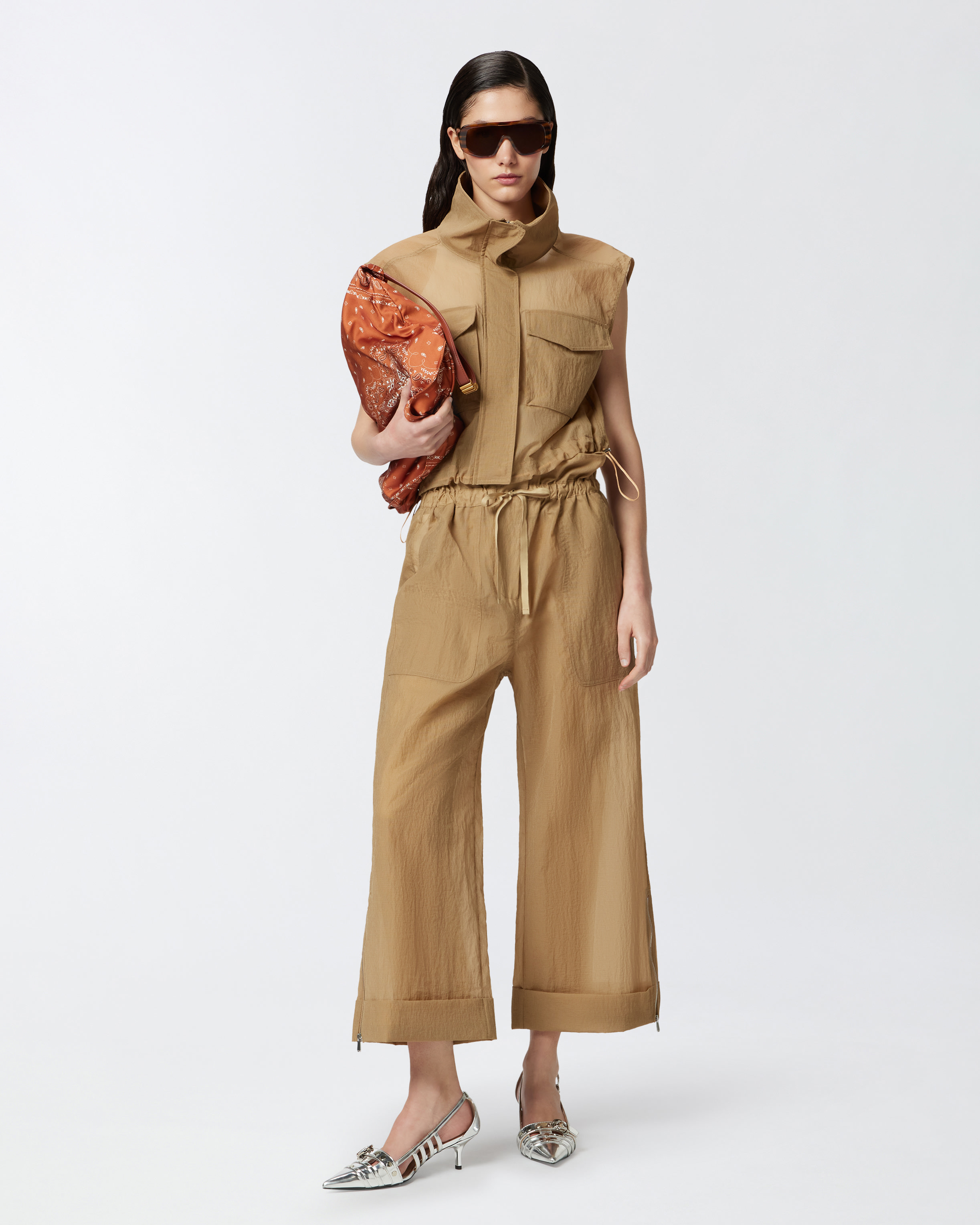 Pinko Wide Culotte Trousers In Light Fabric In Light Brown