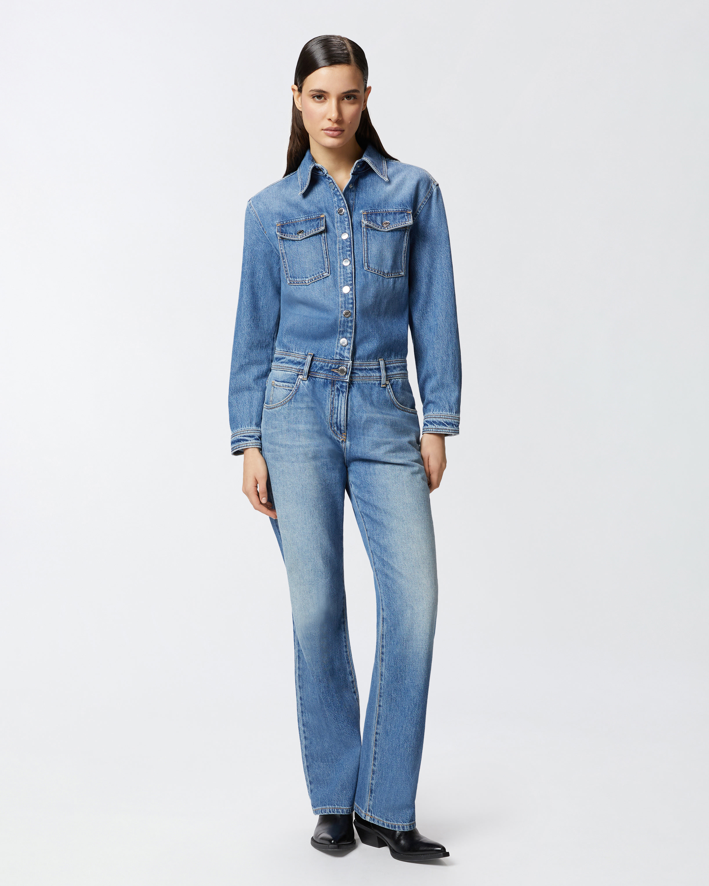 Pinko Button-down Denim Jumpsuit With Classic Pocket Design In Mid Wash