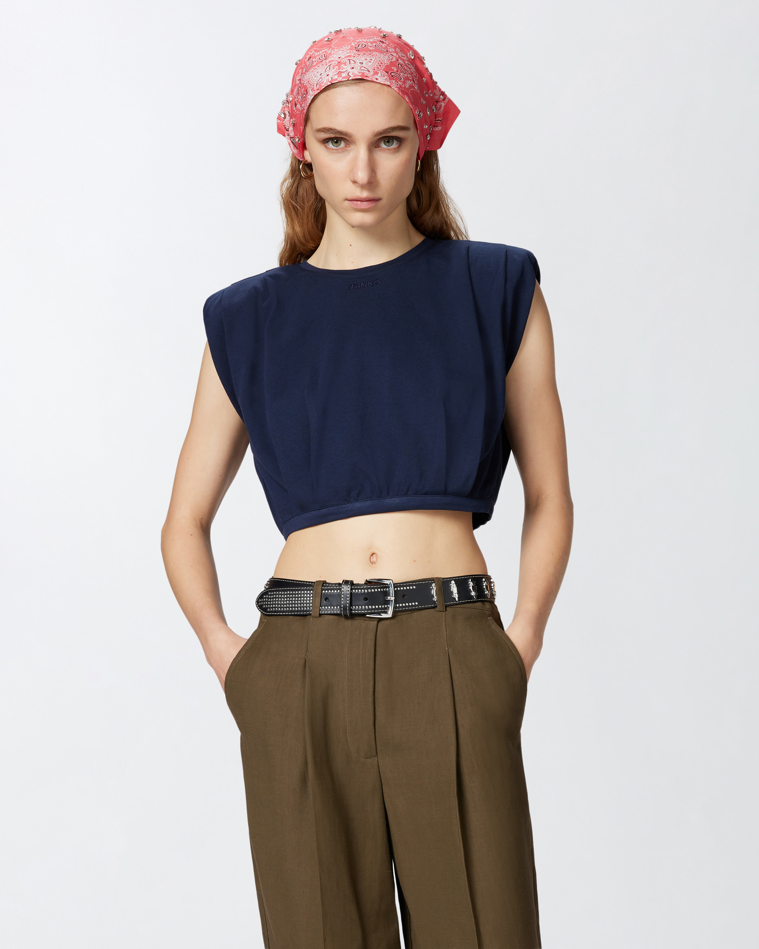 Top corto smanicato 100% cotone - Blu - large | Pinko 