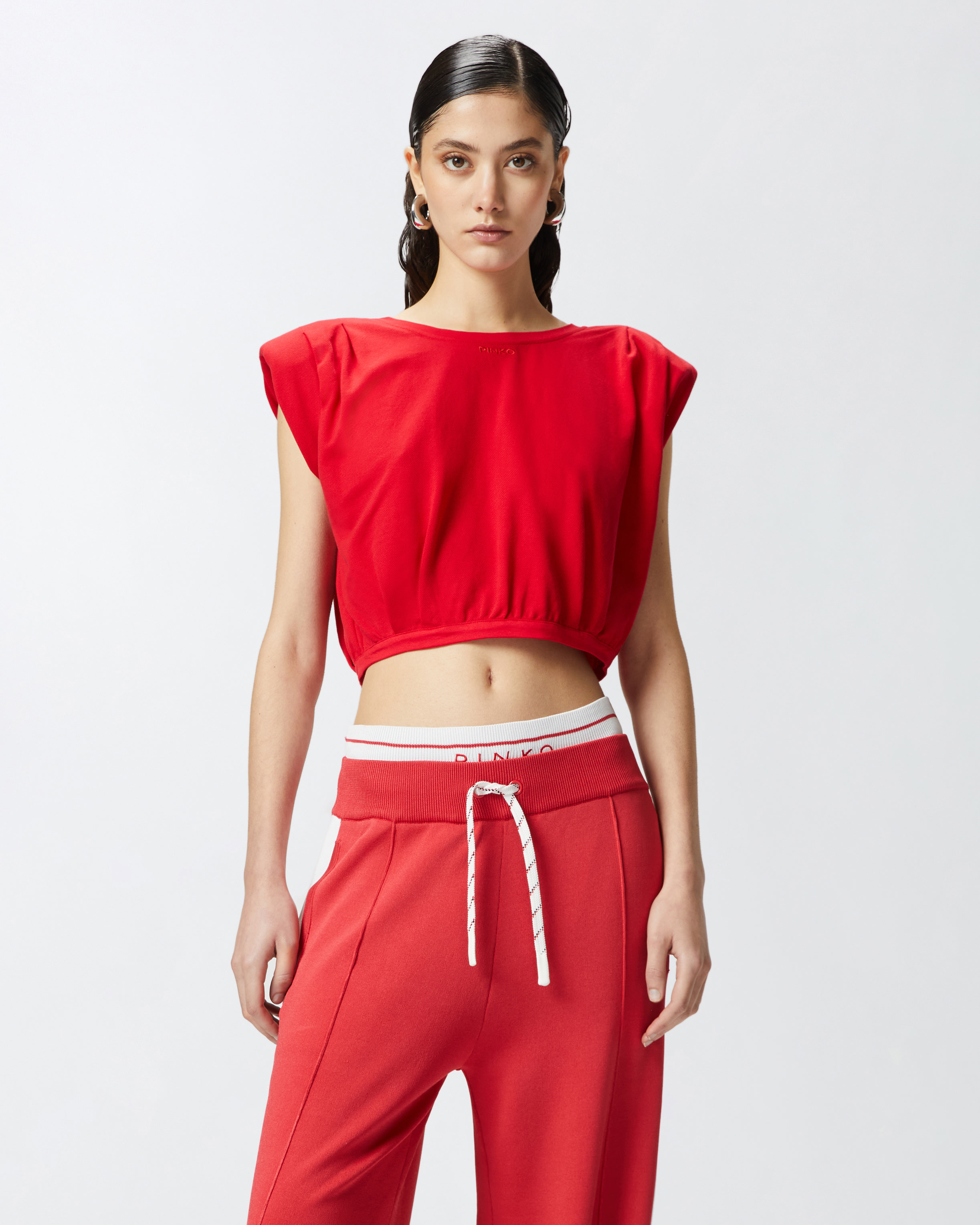 Pinko Maracaibo Maglia Extended Shoulder Crop Top In Lively Red