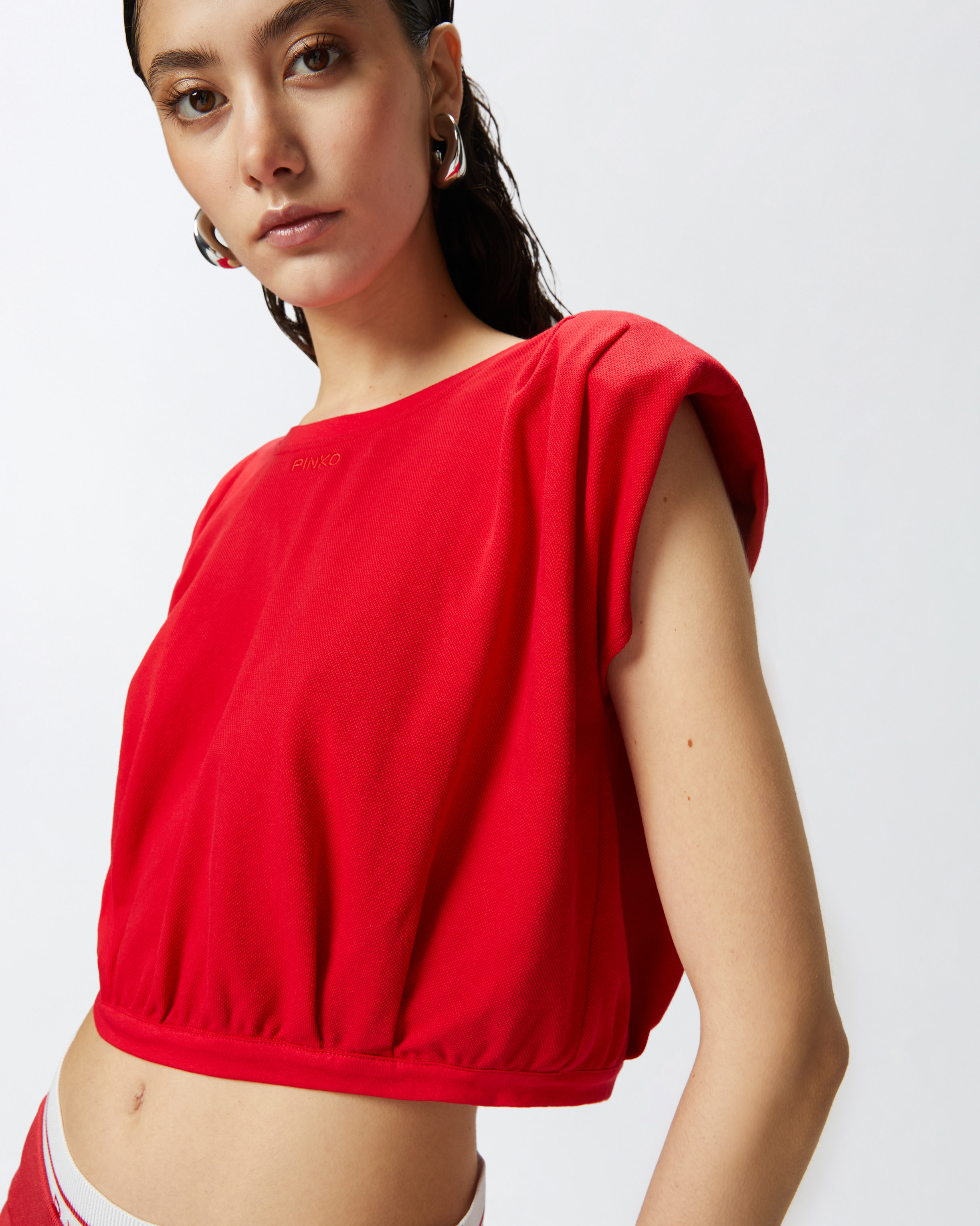 Pinko Maracaibo Maglia Extended Shoulder Crop Top In Lively Red