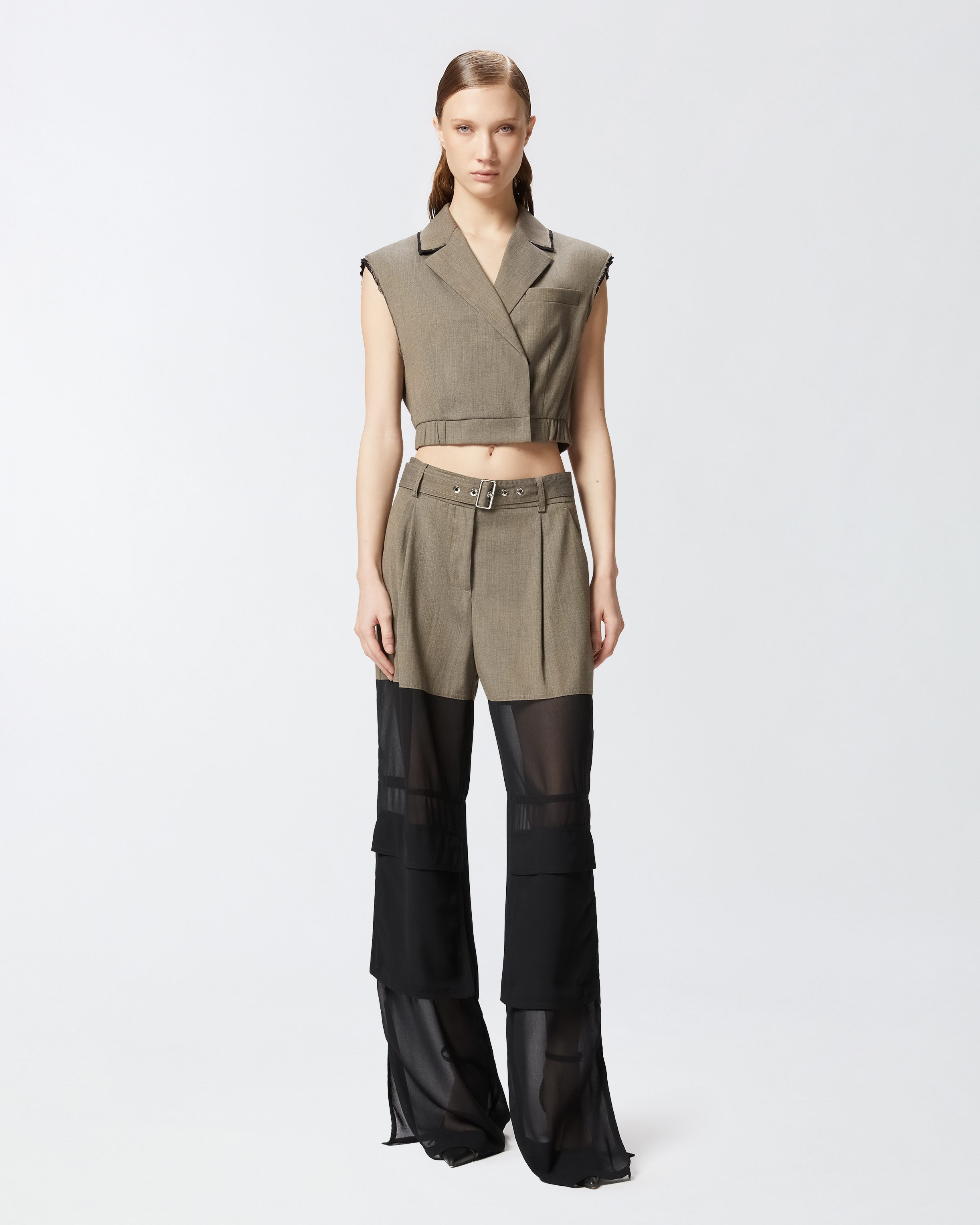 Pinko Wide-leg Cargo Trousers With Semi-sheer Georgette In Flask Brown