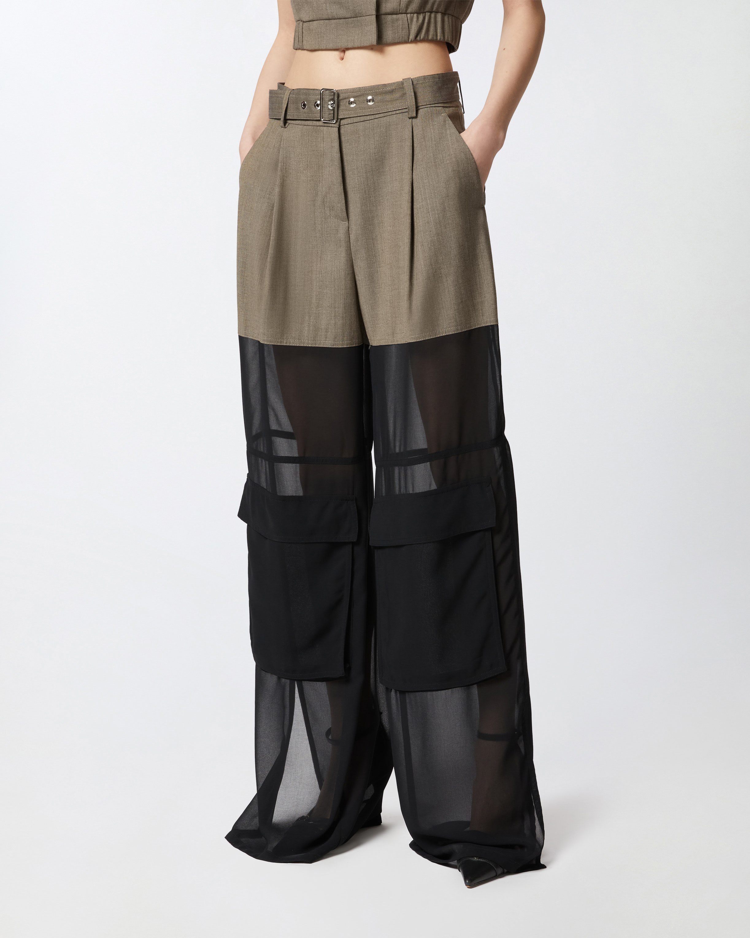 Pinko Wide-leg Cargo Trousers With Semi-sheer Georgette In Flask Brown