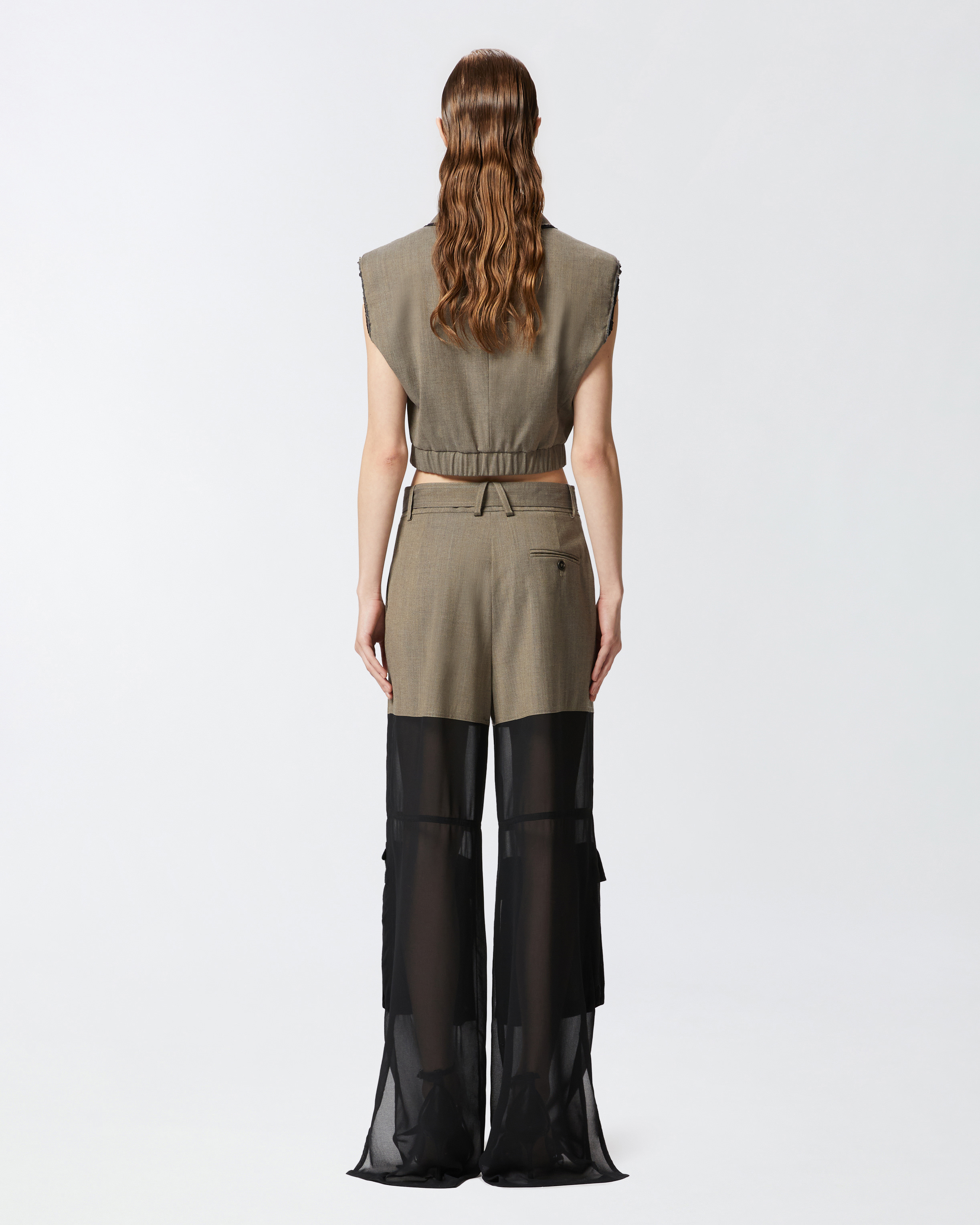 Pinko Wide-leg Cargo Trousers With Semi-sheer Georgette In Flask Brown