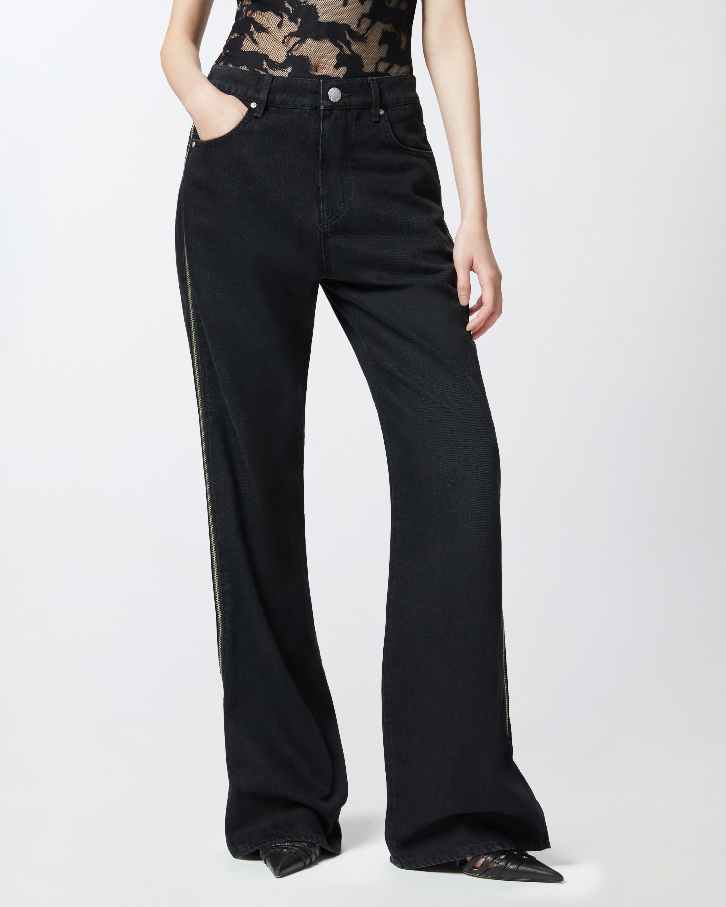 Pinko Wide-leg Jeans With Side Zips In Nero Limousine