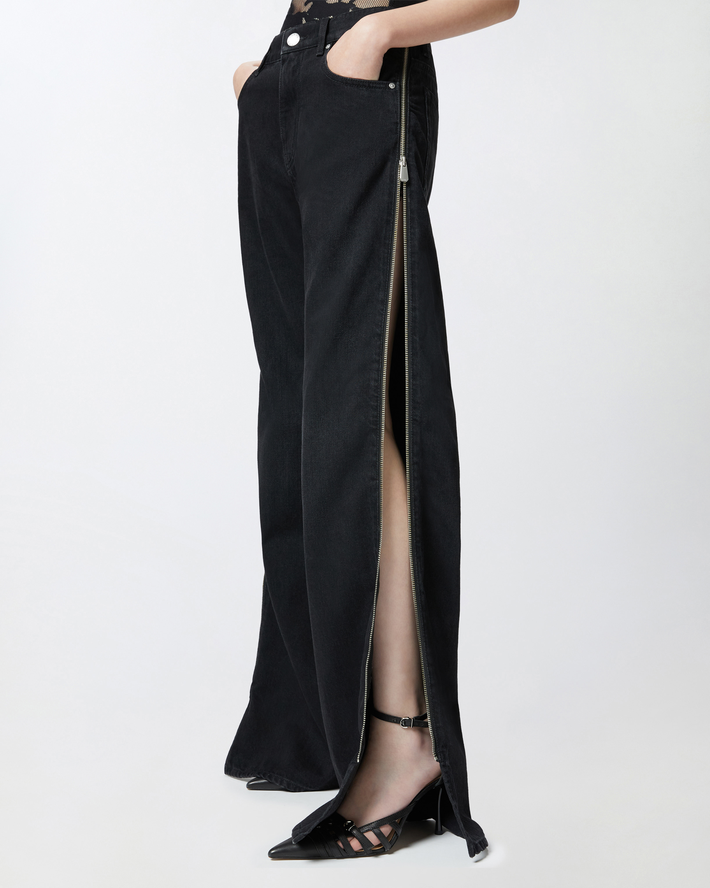 Pinko Wide-leg Jeans With Side Zips In Nero Limousine